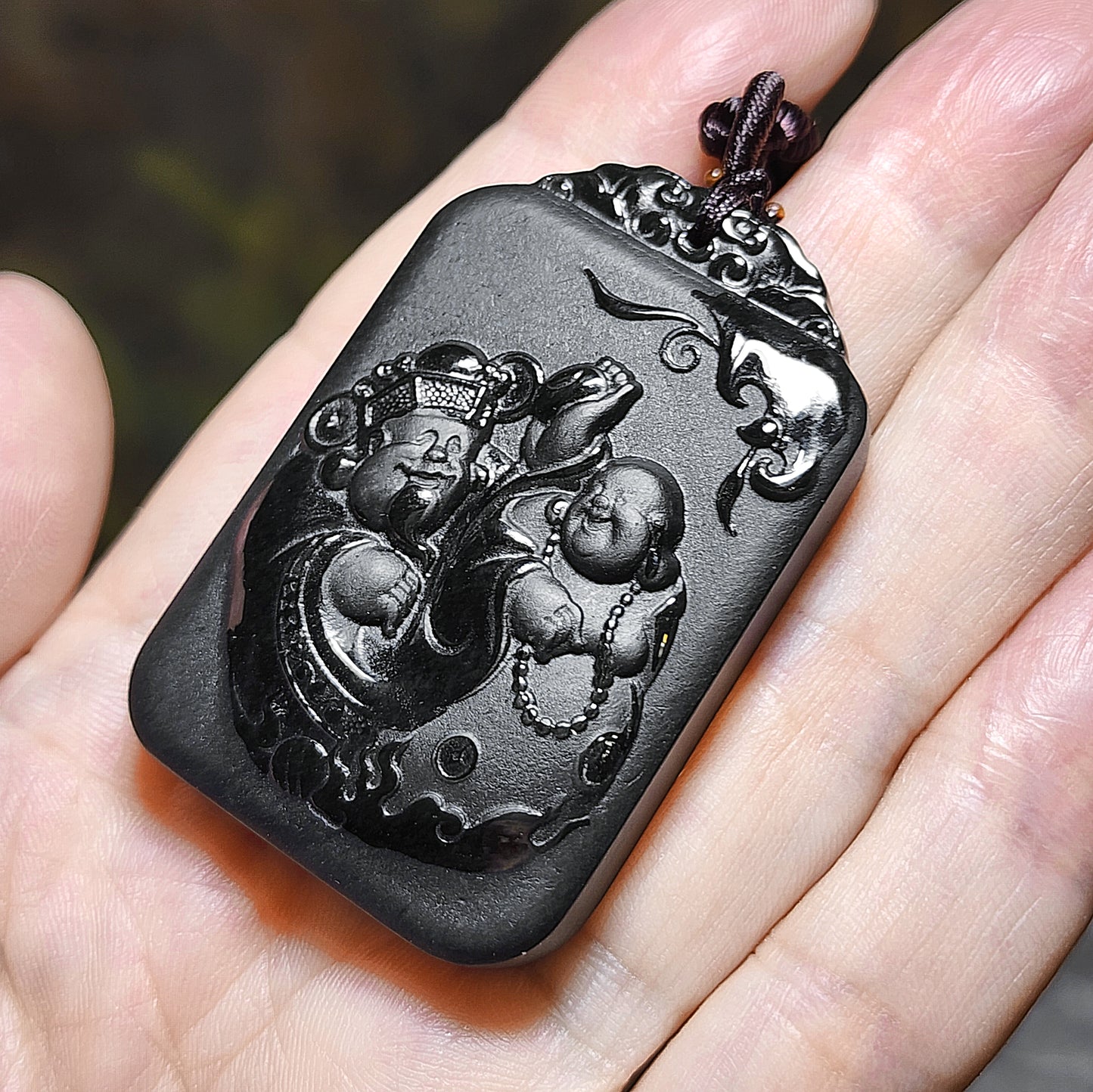 Premium Nephrite deep green as if ink black double sides cravings Laughing Buddha, God of Wealth in Chinese "财富双全" matte and glossy polished Jade pendant (with certificate) 精品和田玉塔青墨绿如黑柔光加亮光双面雕刻弥勒笑佛财神“财富双全”吊坠(带证书)