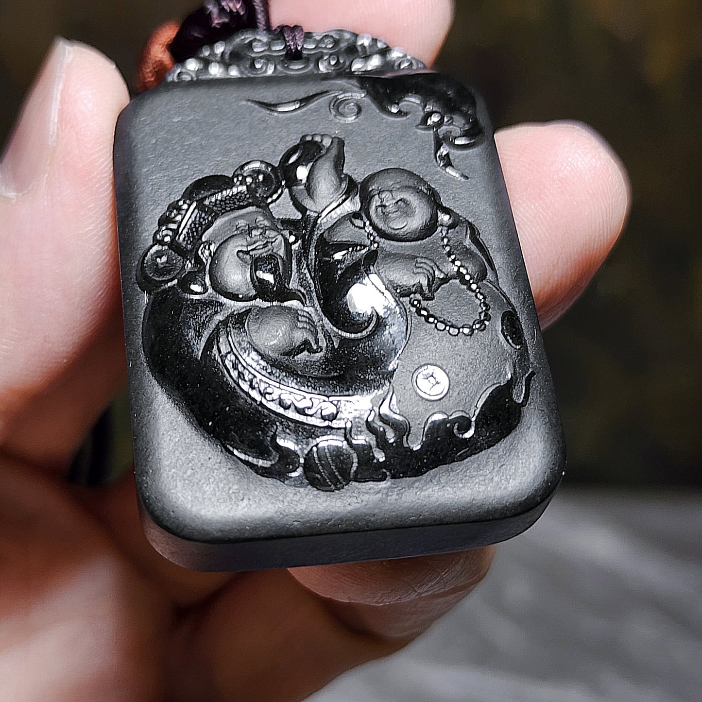 Premium Nephrite deep green as if ink black double sides cravings Laughing Buddha, God of Wealth in Chinese "财富双全" matte and glossy polished Jade pendant (with certificate) 精品和田玉塔青墨绿如黑柔光加亮光双面雕刻弥勒笑佛财神“财富双全”吊坠(带证书)