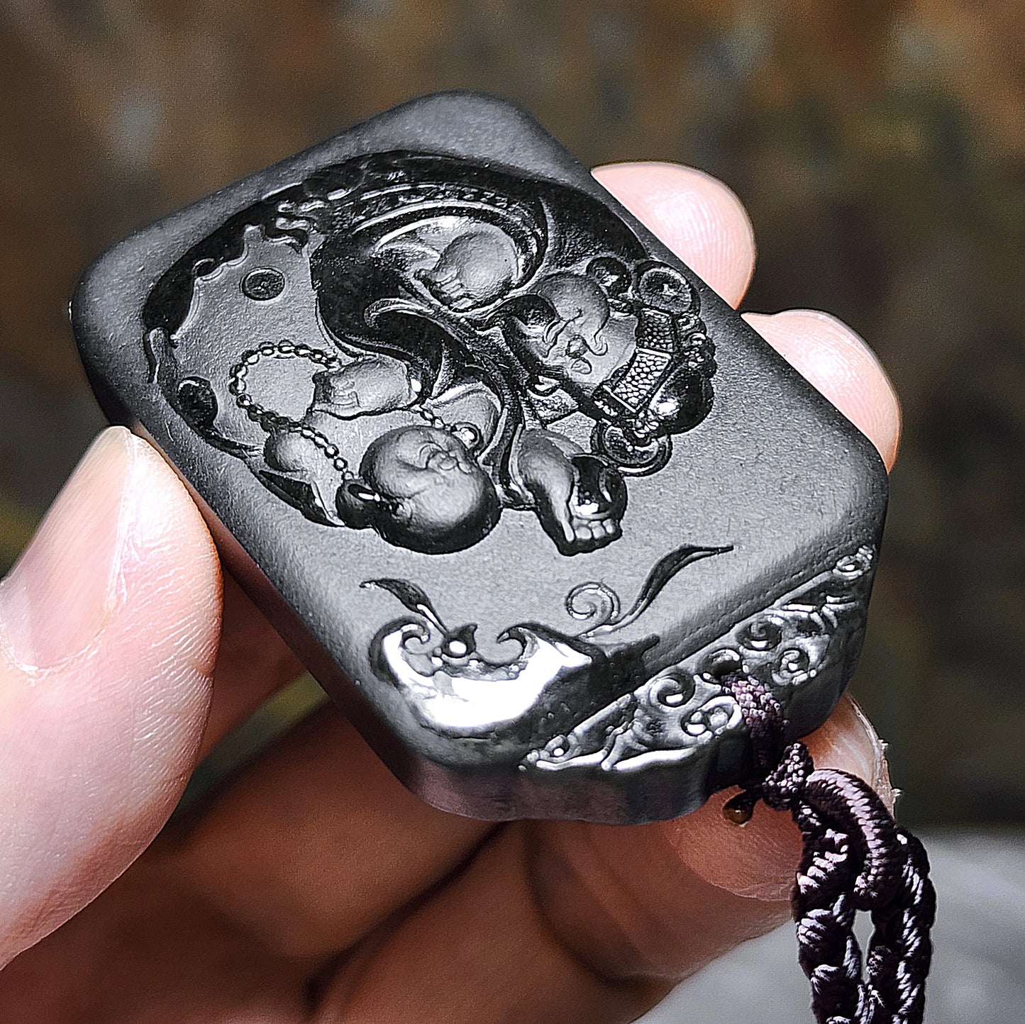 Premium Nephrite deep green as if ink black double sides cravings Laughing Buddha, God of Wealth in Chinese "财富双全" matte and glossy polished Jade pendant (with certificate) 精品和田玉塔青墨绿如黑柔光加亮光双面雕刻弥勒笑佛财神“财富双全”吊坠(带证书)