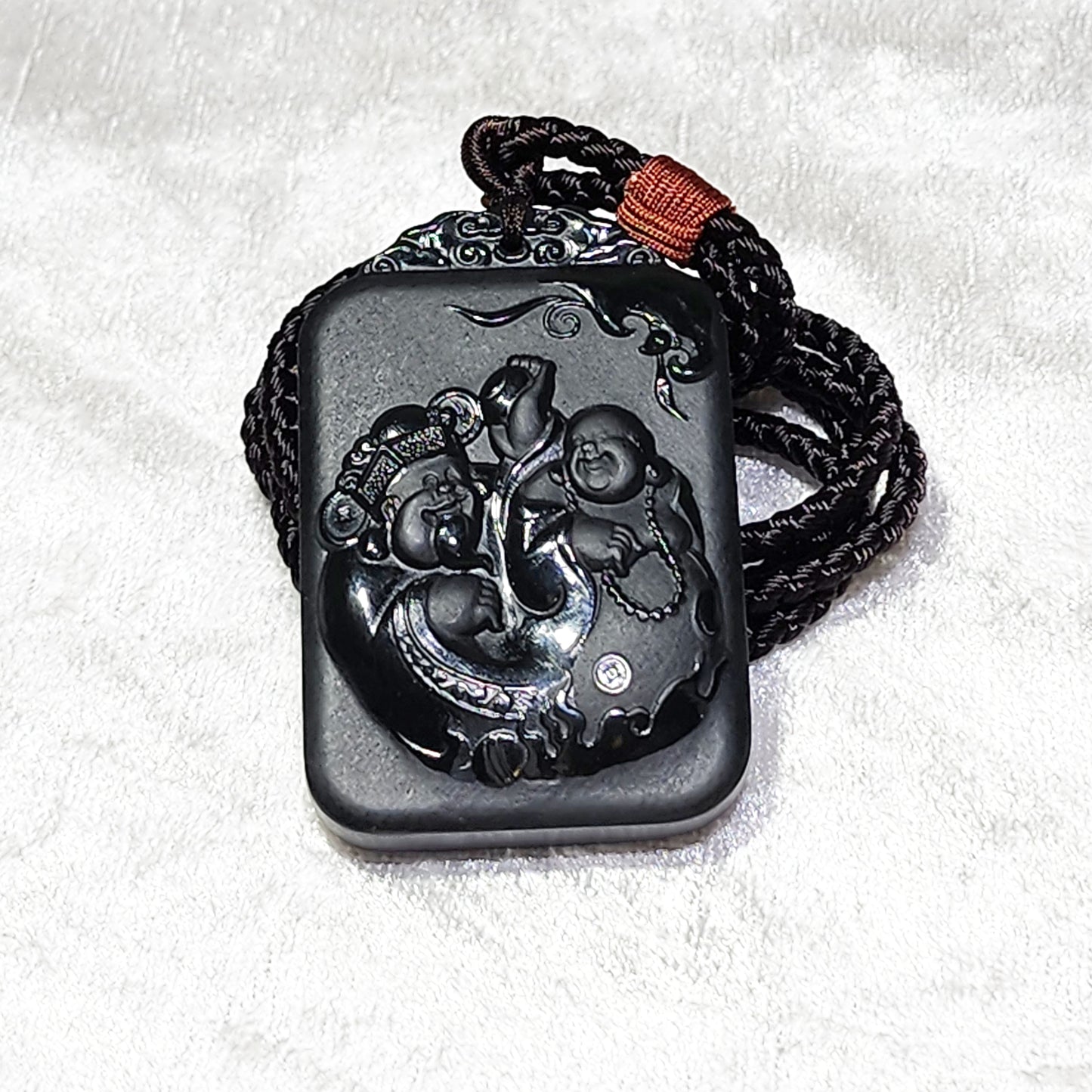Premium Nephrite deep green as if ink black double sides cravings Laughing Buddha, God of Wealth in Chinese "财富双全" matte and glossy polished Jade pendant (with certificate) 精品和田玉塔青墨绿如黑柔光加亮光双面雕刻弥勒笑佛财神“财富双全”吊坠(带证书)