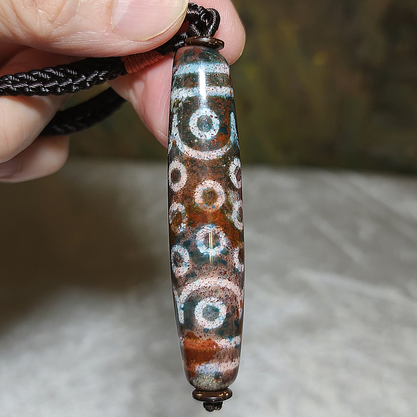 65.8mm Aged Tibetan Xang Xung (Zhang Zhung) 21 Eyes Dzi with lots of small red spots pendant 西藏老矿象雄满细朱砂二十一眼天珠(带证书)
