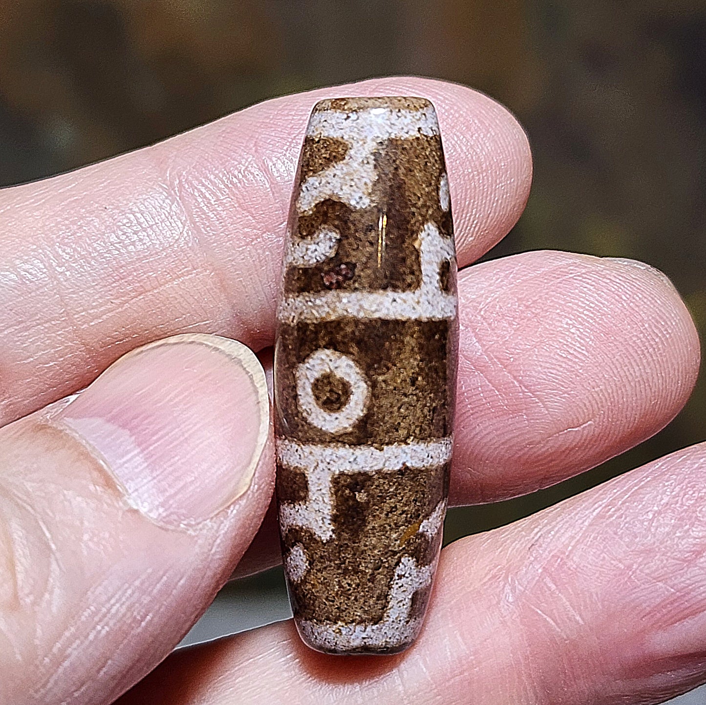 38.3mm aged Tibetan Xang Xung (Zhang Zhung) 3 Eyes Dharma Vajra Dzi with red spots pendant (with certificate, free necklace cord) 西藏老矿象雄满朱砂三眼莲师法器天珠(带证书送项链绳)
