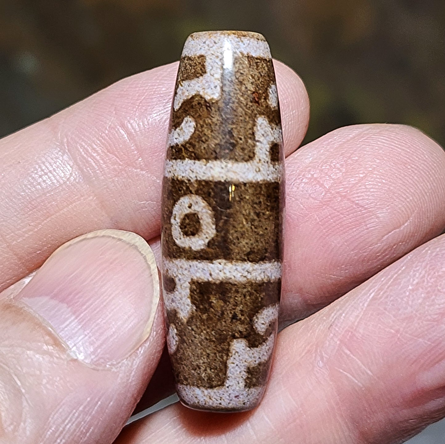 38.3mm aged Tibetan Xang Xung (Zhang Zhung) 3 Eyes Dharma Vajra Dzi with red spots pendant (with certificate, free necklace cord) 西藏老矿象雄满朱砂三眼莲师法器天珠(带证书送项链绳)