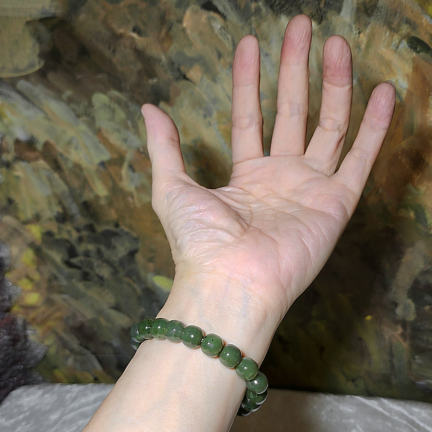10mm Nephrite green traditional old style beads Jade bracelet (with certificate) 和田玉碧绿老型珠手链(带证书) #7