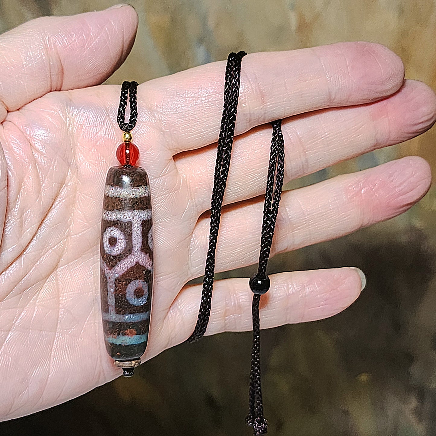 49.8mm aged Tibetan Xang Xung (Zhang Zhung) 6 Eyes Prosperity Longevity blue hue with red spots Dzi pendant (with certificate) 西藏老矿象雄蓝沁满朱砂龟背长寿富甲天下六眼天珠(带证书)