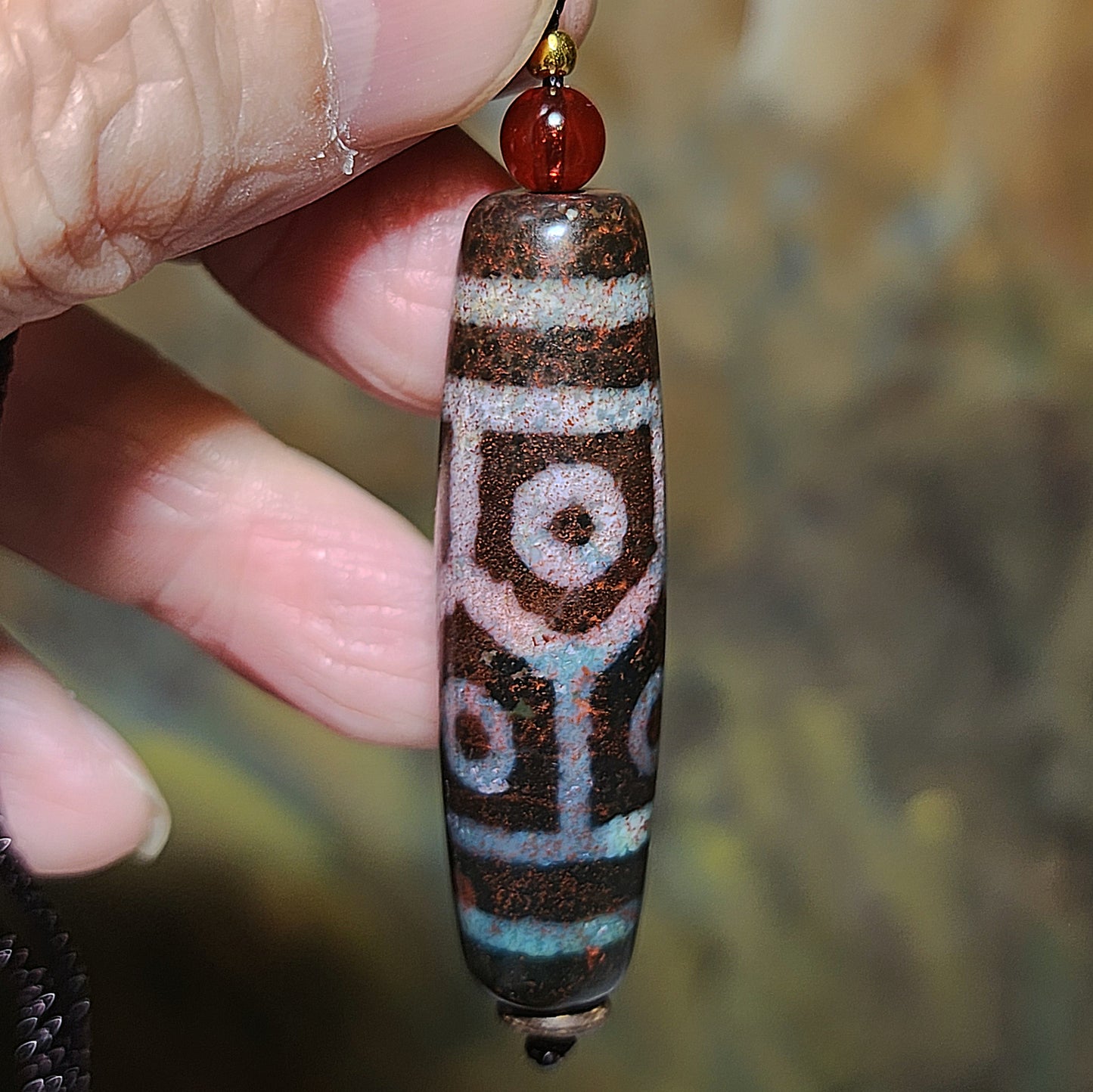 49.8mm aged Tibetan Xang Xung (Zhang Zhung) 6 Eyes Prosperity Longevity blue hue with red spots Dzi pendant (with certificate) 西藏老矿象雄蓝沁满朱砂龟背长寿富甲天下六眼天珠(带证书)
