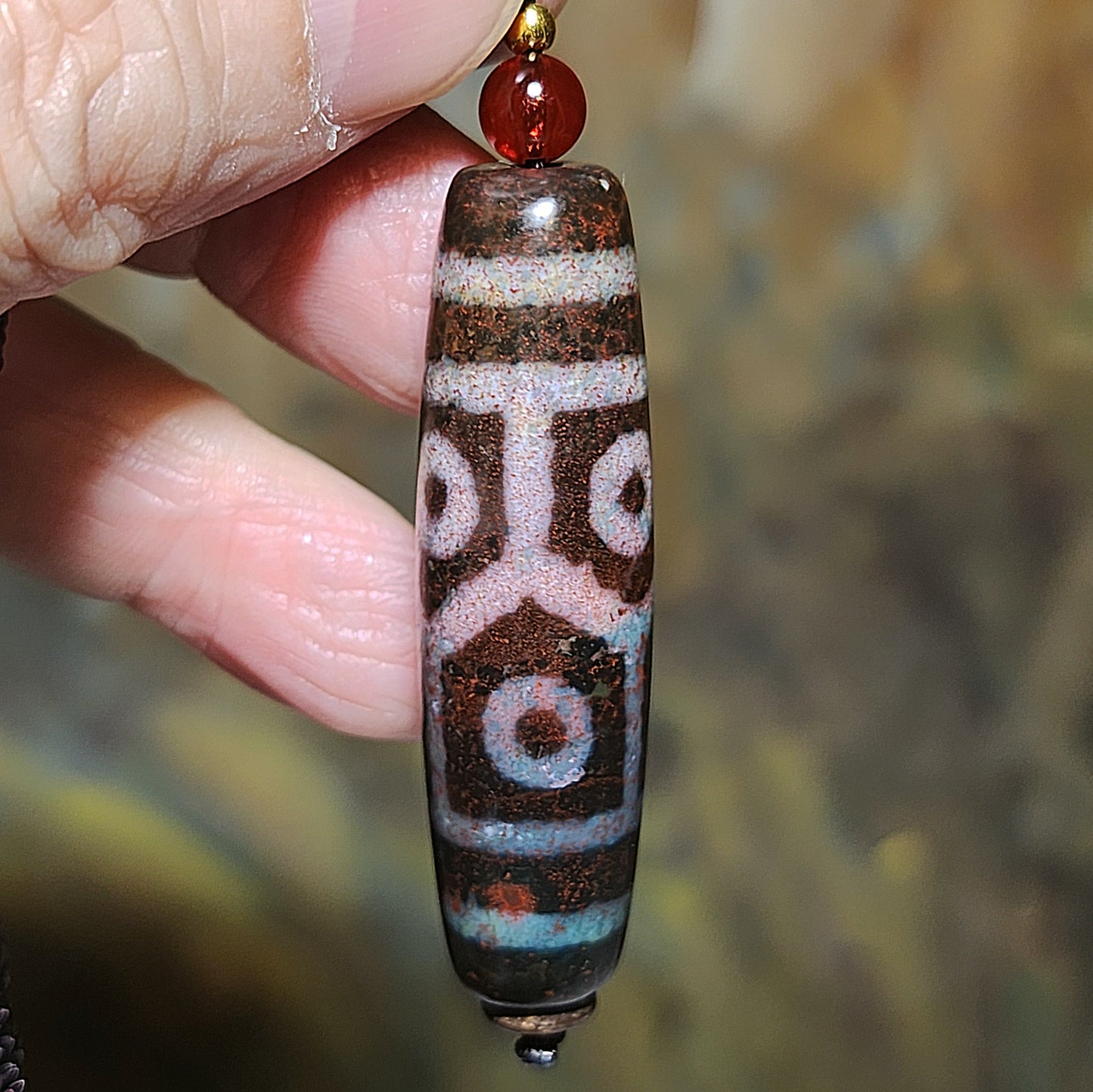 49.8mm aged Tibetan Xang Xung (Zhang Zhung) 6 Eyes Prosperity Longevity blue hue with red spots Dzi pendant (with certificate) 西藏老矿象雄蓝沁满朱砂龟背长寿富甲天下六眼天珠(带证书)