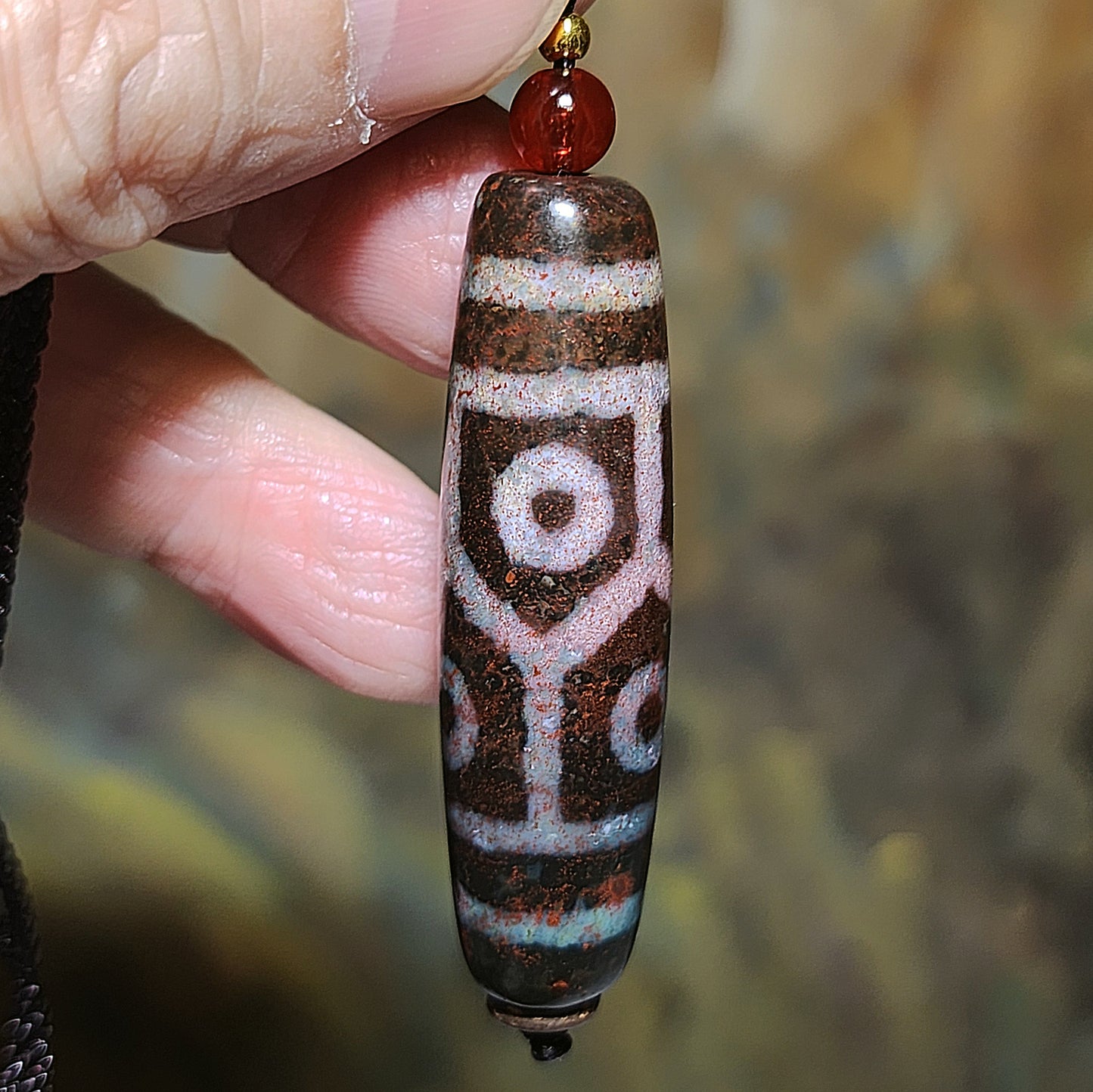 49.8mm aged Tibetan Xang Xung (Zhang Zhung) 6 Eyes Prosperity Longevity blue hue with red spots Dzi pendant (with certificate) 西藏老矿象雄蓝沁满朱砂龟背长寿富甲天下六眼天珠(带证书)