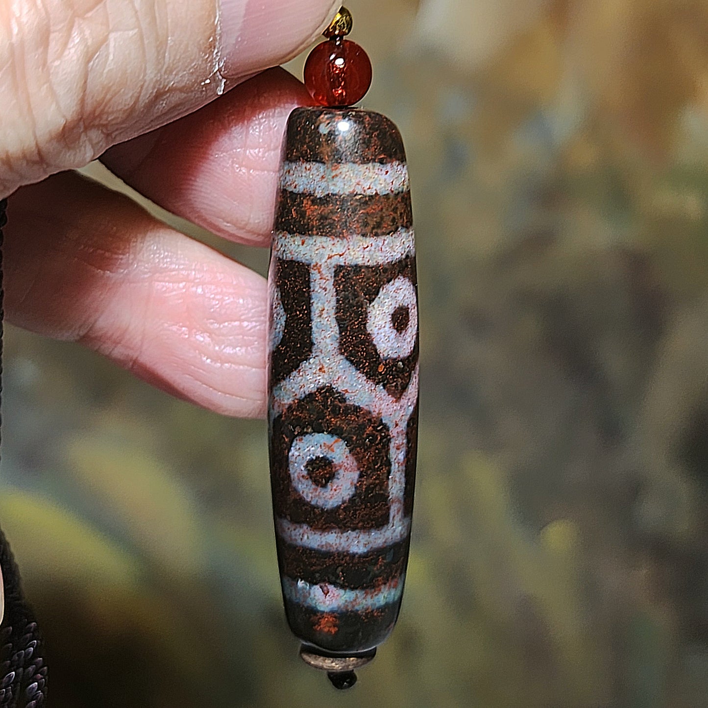 49.8mm aged Tibetan Xang Xung (Zhang Zhung) 6 Eyes Prosperity Longevity blue hue with red spots Dzi pendant (with certificate) 西藏老矿象雄蓝沁满朱砂龟背长寿富甲天下六眼天珠(带证书)