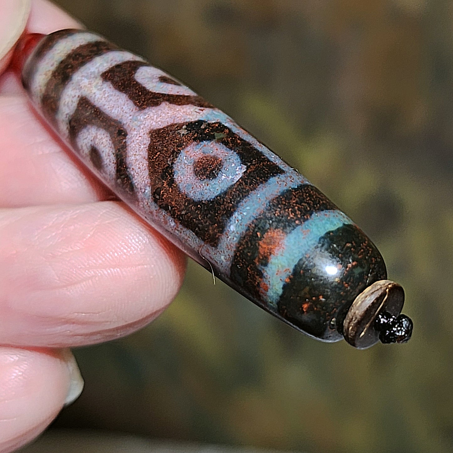 49.8mm aged Tibetan Xang Xung (Zhang Zhung) 6 Eyes Prosperity Longevity blue hue with red spots Dzi pendant (with certificate) 西藏老矿象雄蓝沁满朱砂龟背长寿富甲天下六眼天珠(带证书)