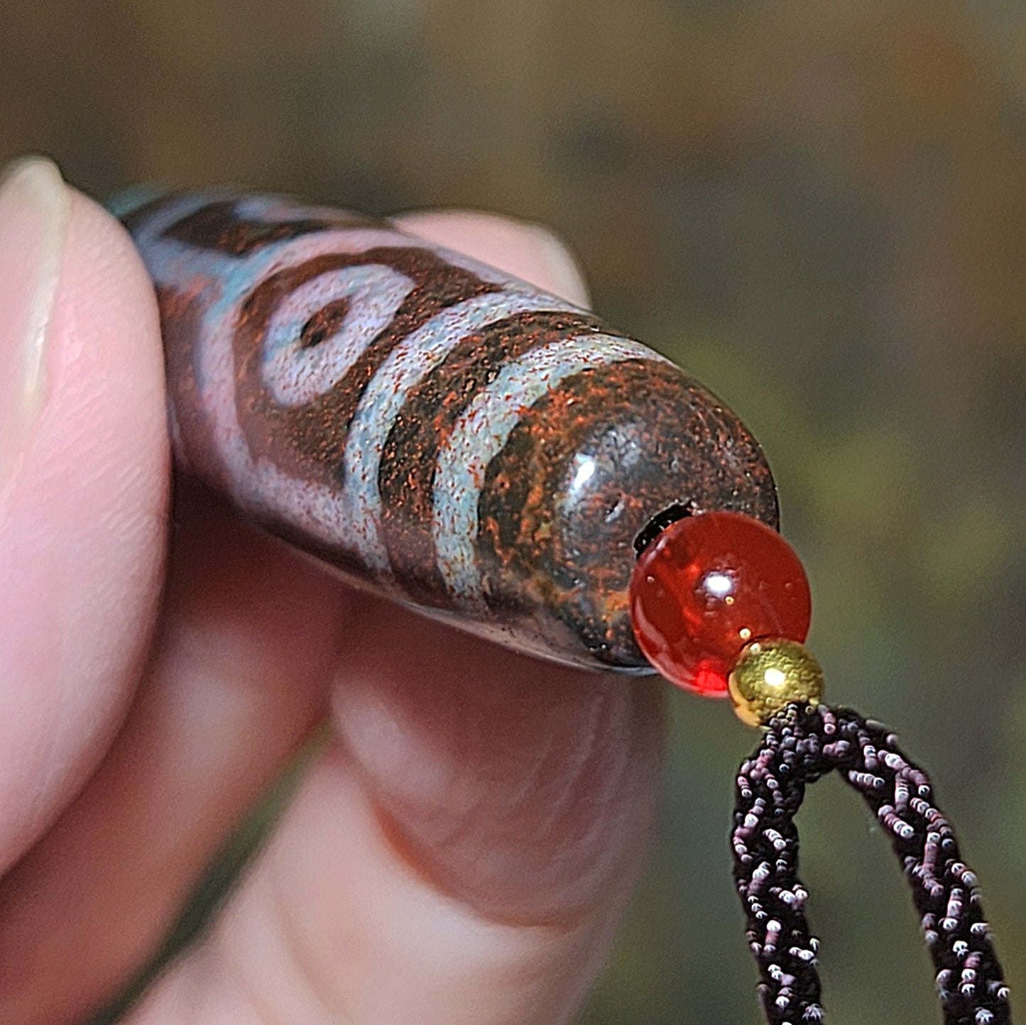 49.8mm aged Tibetan Xang Xung (Zhang Zhung) 6 Eyes Prosperity Longevity blue hue with red spots Dzi pendant (with certificate) 西藏老矿象雄蓝沁满朱砂龟背长寿富甲天下六眼天珠(带证书)