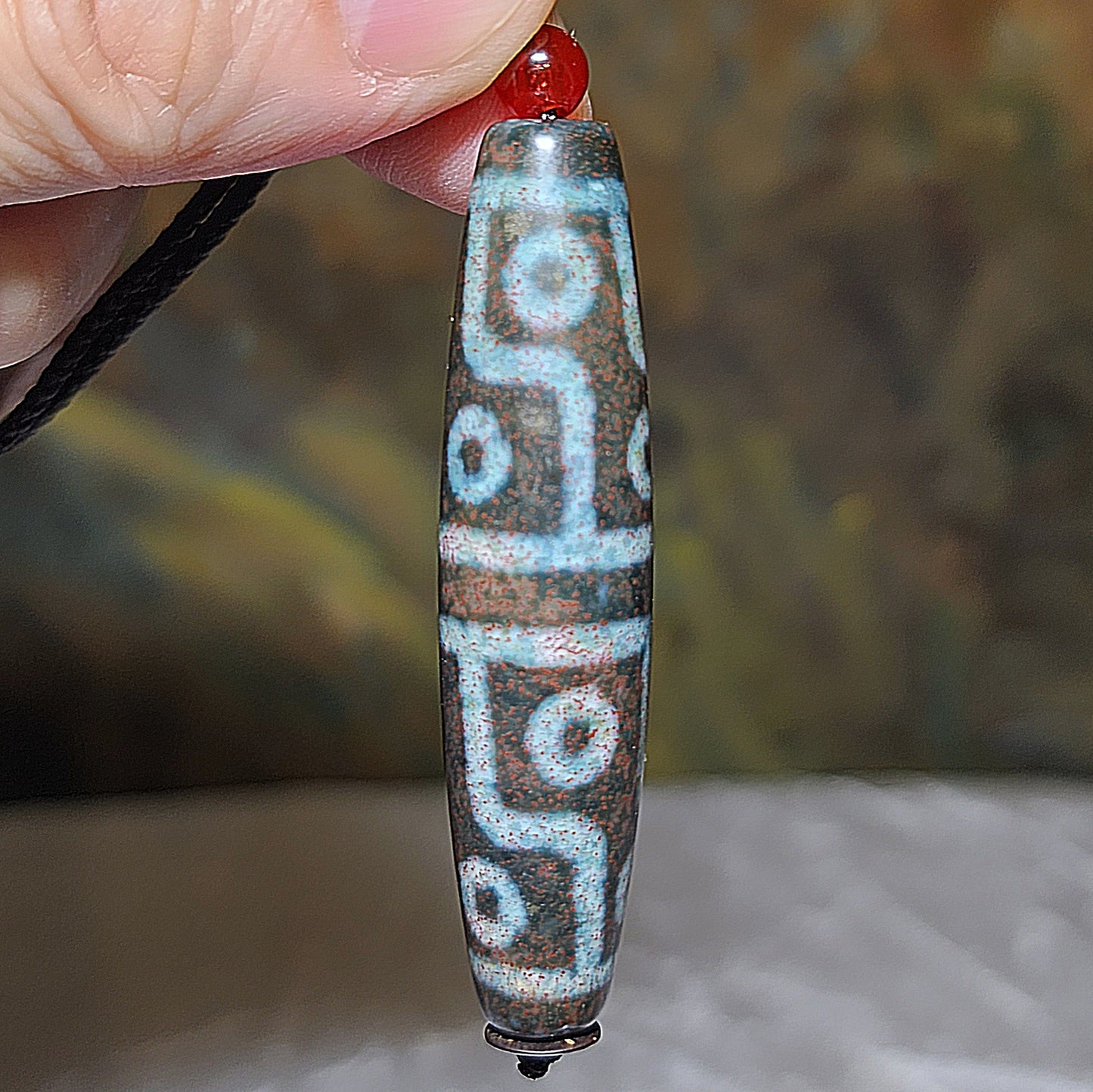 59.5mm Aged Tibetan Xang Xung (Zhang Zhung) 12 Eyes Dzi blue hue with lots of small red spots pendant 西藏老矿象雄满细朱砂蓝沁十二眼天珠(带证书)