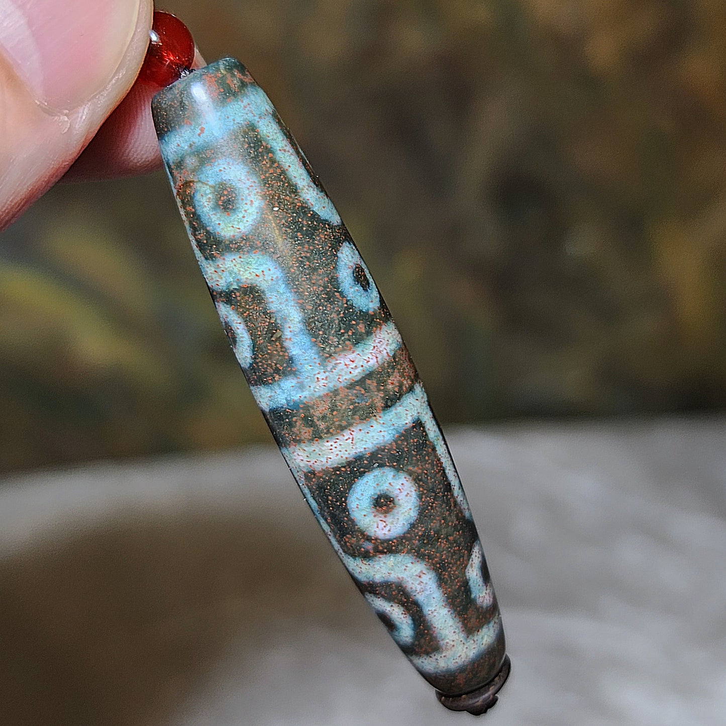 59.5mm Aged Tibetan Xang Xung (Zhang Zhung) 12 Eyes Dzi blue hue with lots of small red spots pendant 西藏老矿象雄满细朱砂蓝沁十二眼天珠(带证书)