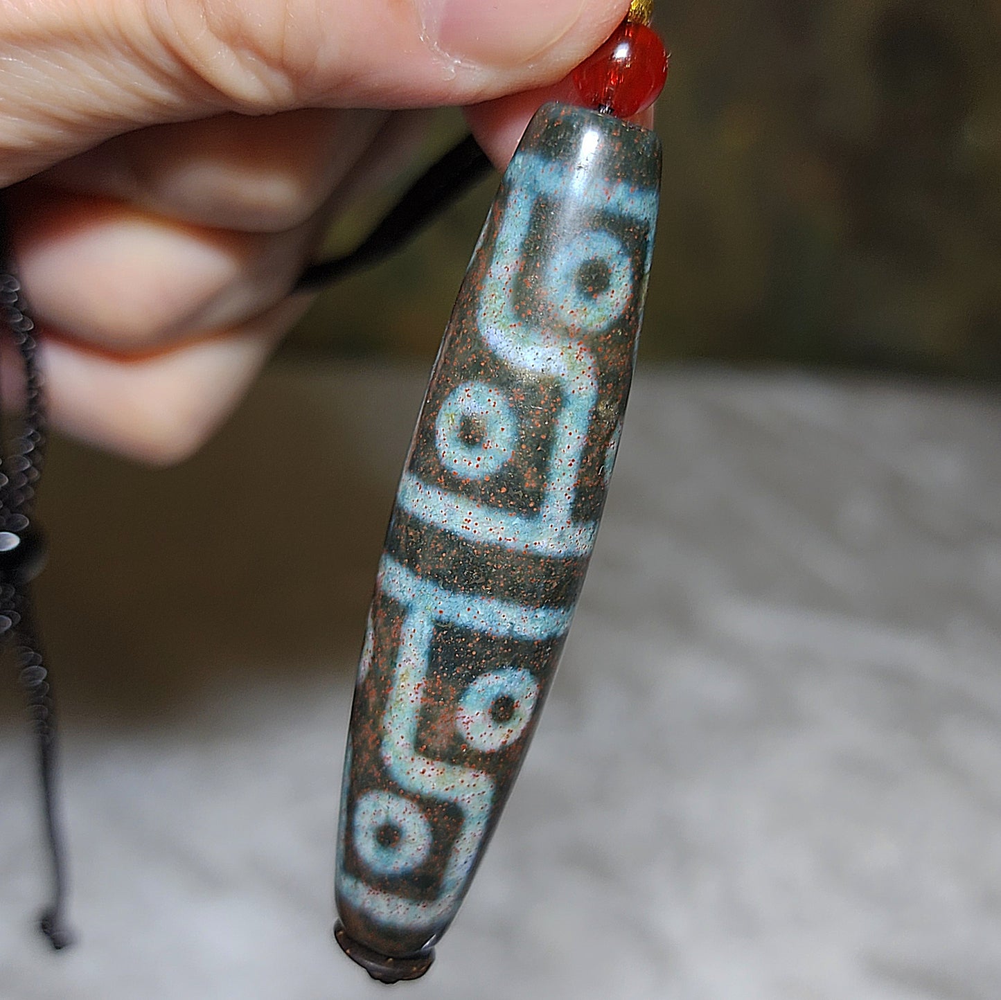 59.5mm Aged Tibetan Xang Xung (Zhang Zhung) 12 Eyes Dzi blue hue with lots of small red spots pendant 西藏老矿象雄满细朱砂蓝沁十二眼天珠(带证书)