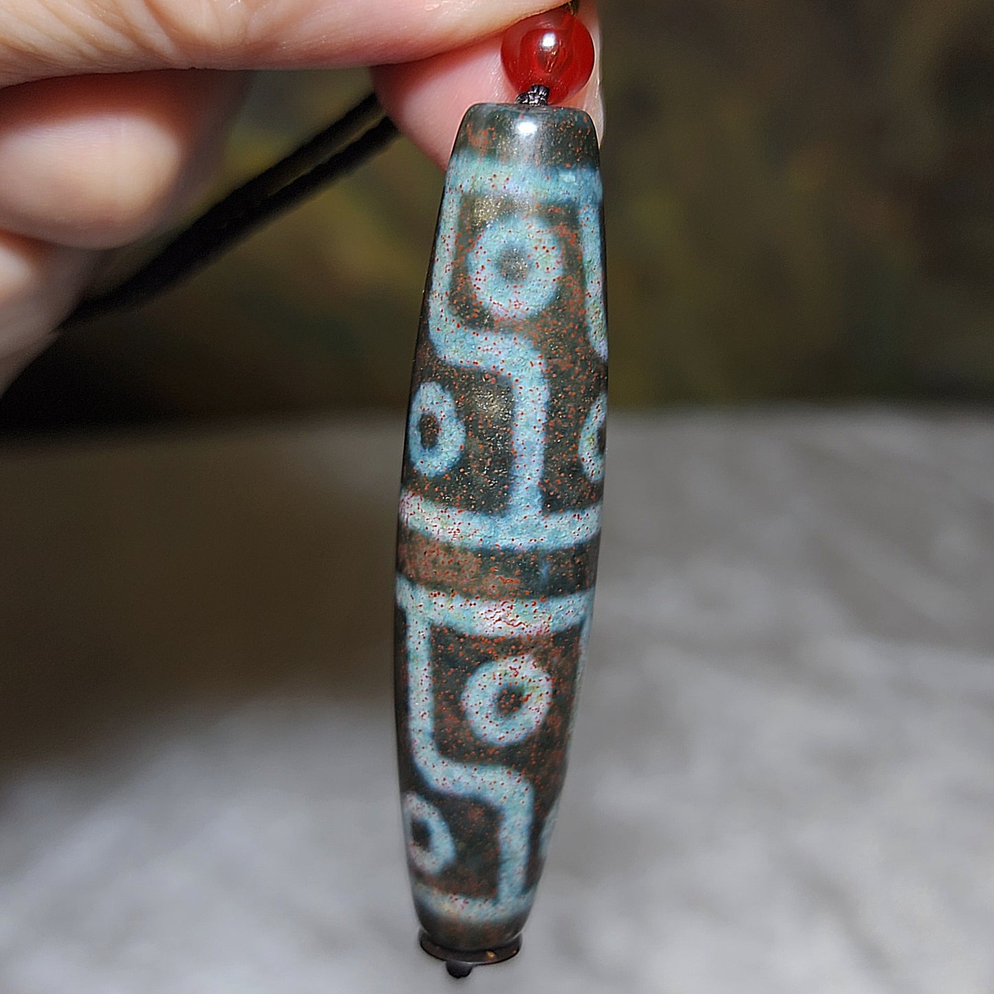 59.5mm Aged Tibetan Xang Xung (Zhang Zhung) 12 Eyes Dzi blue hue with lots of small red spots pendant 西藏老矿象雄满细朱砂蓝沁十二眼天珠(带证书)
