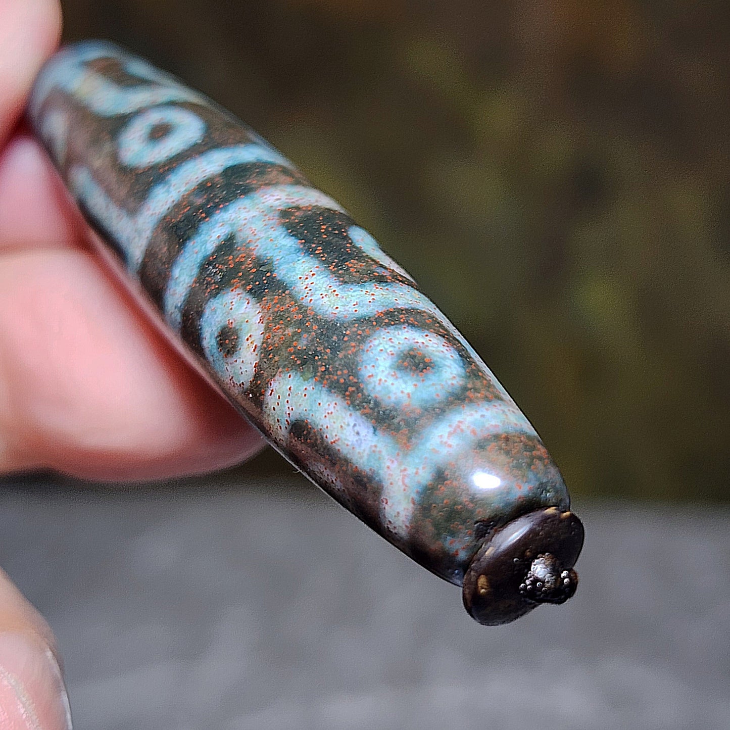 59.5mm Aged Tibetan Xang Xung (Zhang Zhung) 12 Eyes Dzi blue hue with lots of small red spots pendant 西藏老矿象雄满细朱砂蓝沁十二眼天珠(带证书)