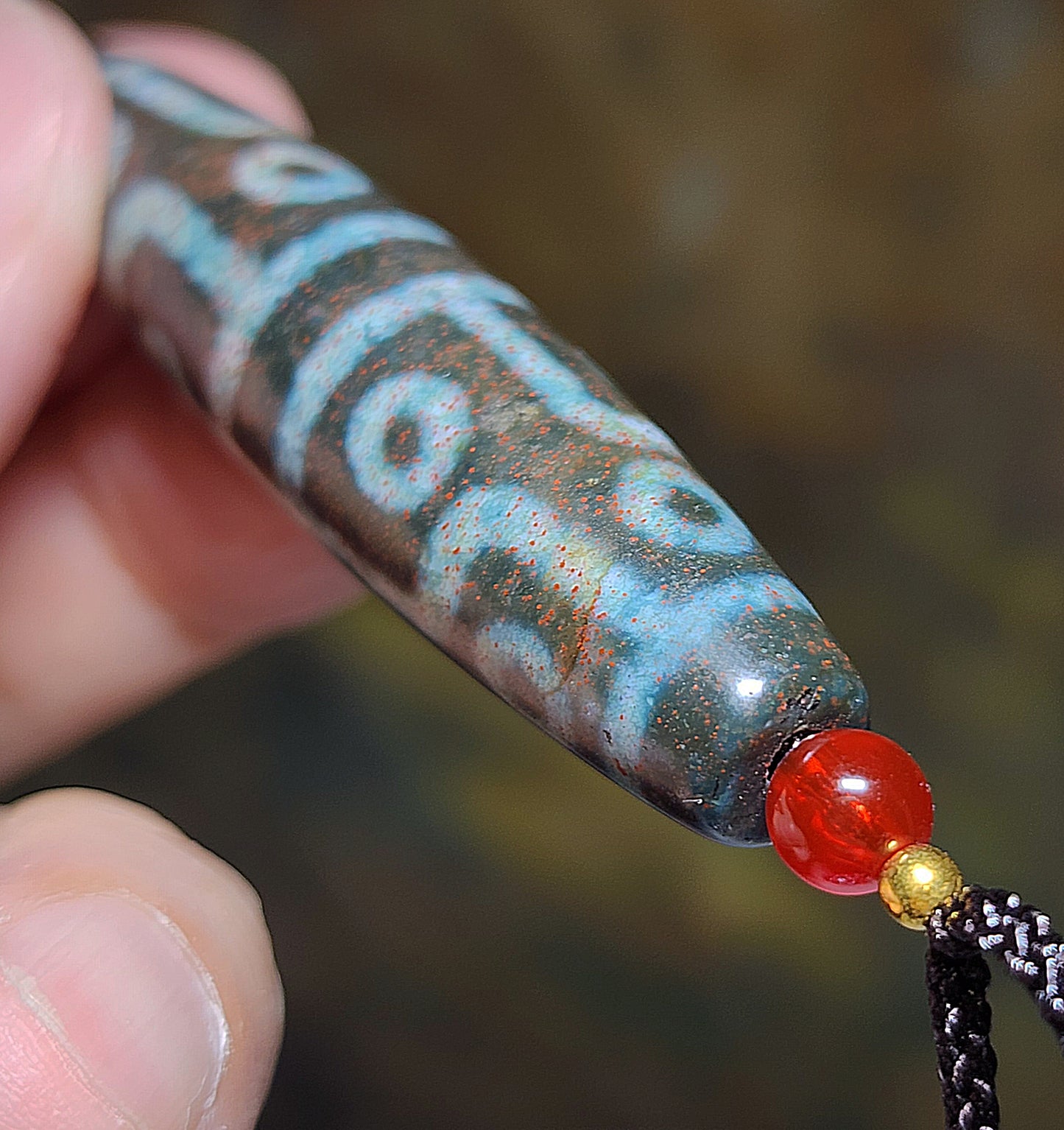 59.5mm Aged Tibetan Xang Xung (Zhang Zhung) 12 Eyes Dzi blue hue with lots of small red spots pendant 西藏老矿象雄满细朱砂蓝沁十二眼天珠(带证书)