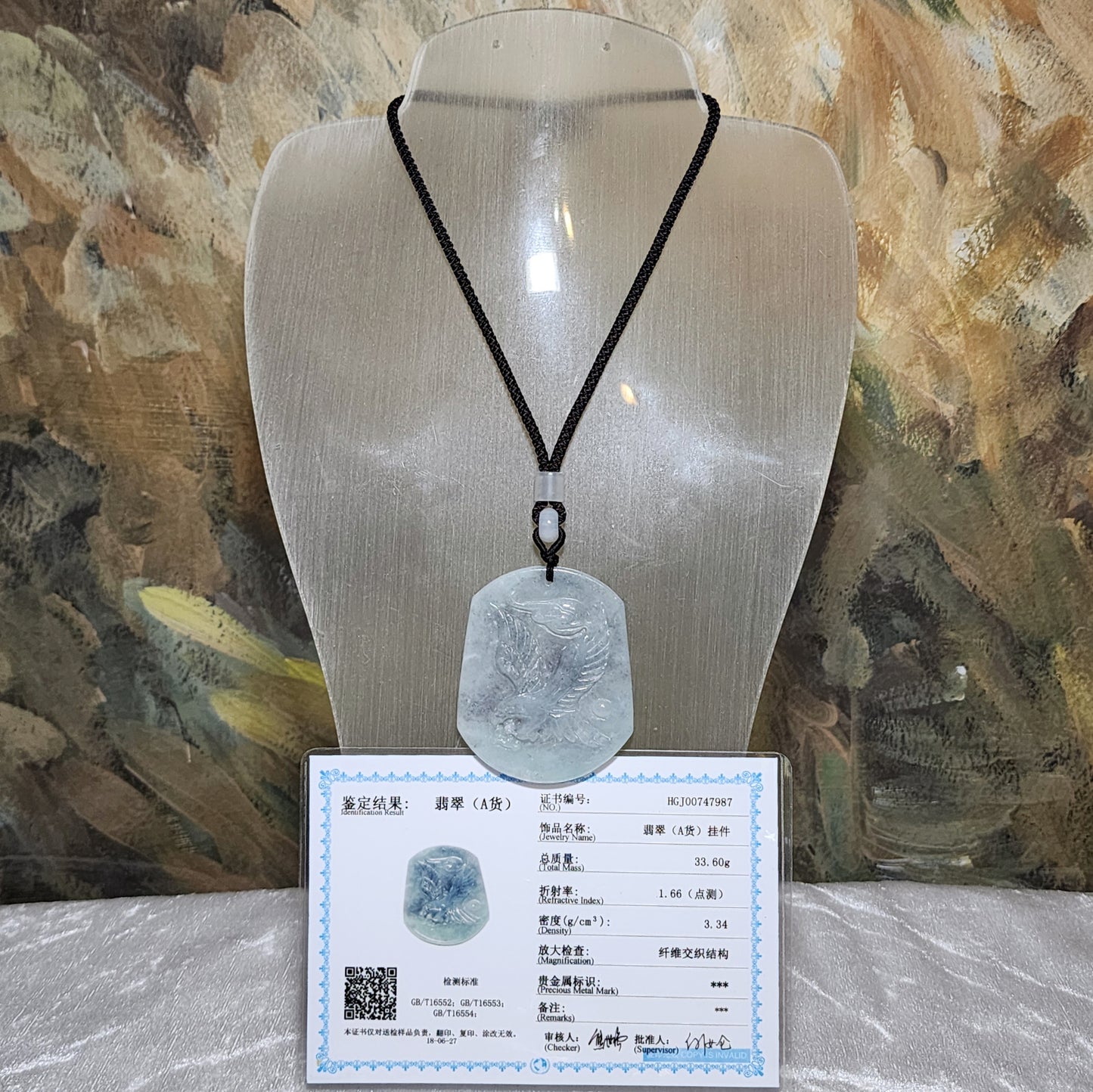 Type A Jadeite "Black Fowl" light blackish very light green Flying Eagle Jade pendant (with certificate) 翡翠乌鸡种淡黑微绿飞鹰吊坠(带证书)