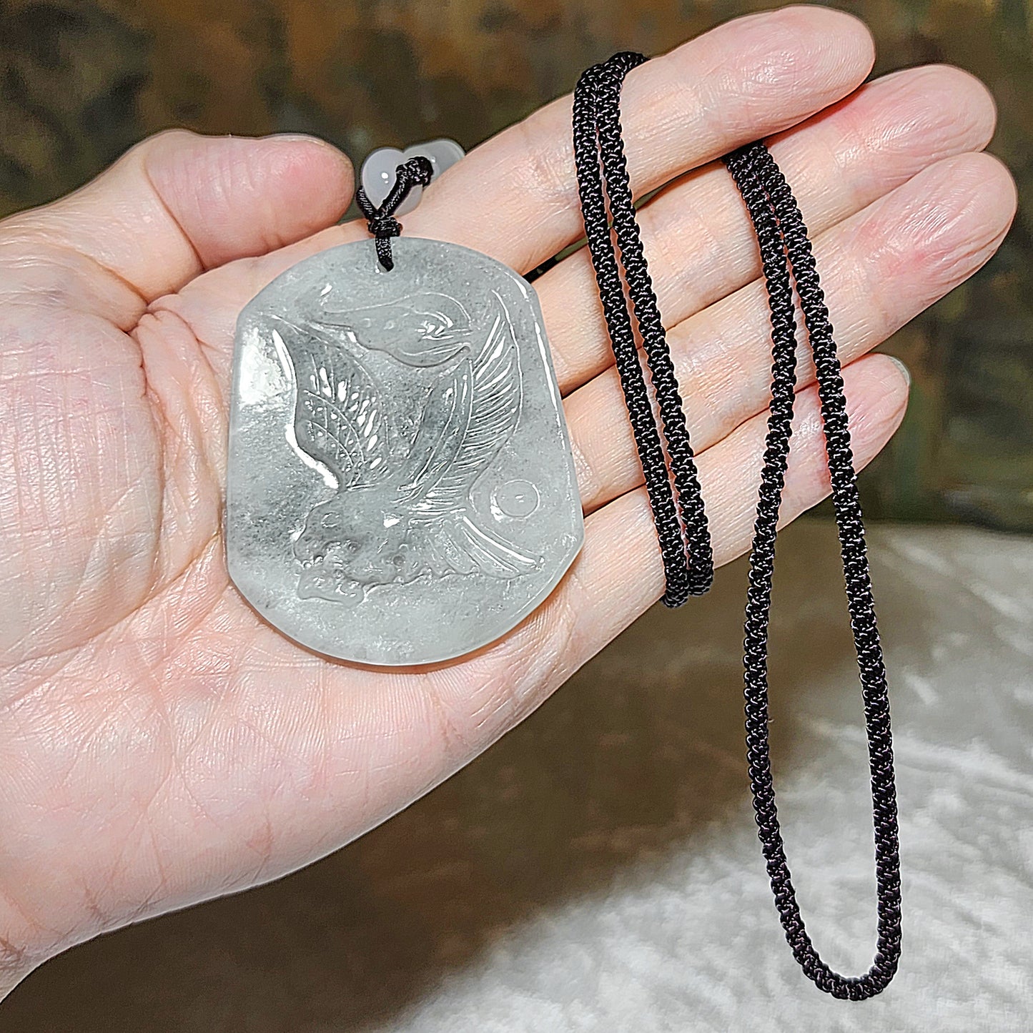 Type A Jadeite "Black Fowl" light blackish very light green Flying Eagle Jade pendant (with certificate) 翡翠乌鸡种淡黑微绿飞鹰吊坠(带证书)