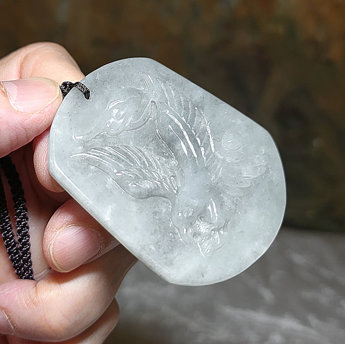 Type A Jadeite "Black Fowl" light blackish very light green Flying Eagle Jade pendant (with certificate) 翡翠乌鸡种淡黑微绿飞鹰吊坠(带证书)