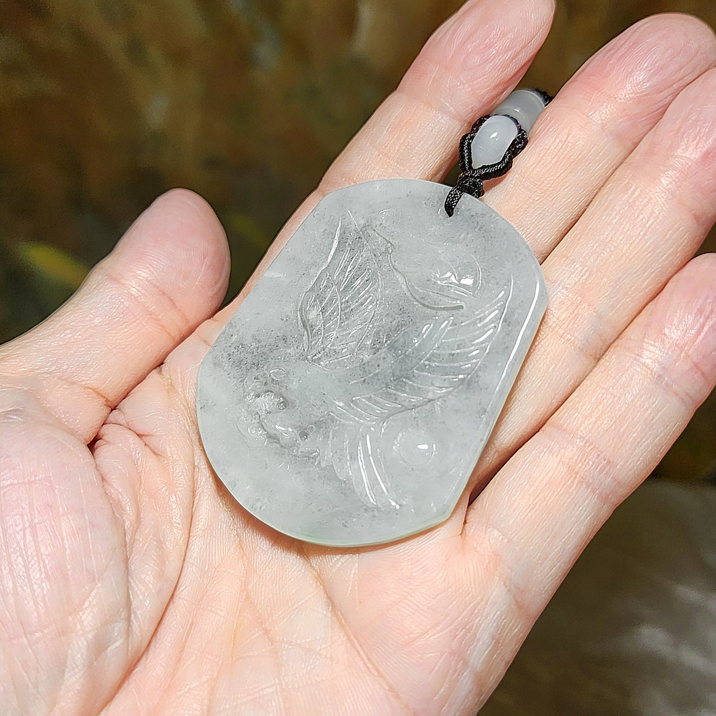 Type A Jadeite "Black Fowl" light blackish very light green Flying Eagle Jade pendant (with certificate) 翡翠乌鸡种淡黑微绿飞鹰吊坠(带证书)