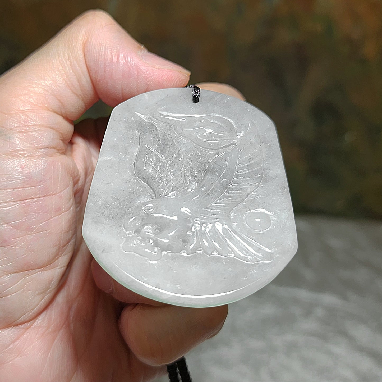 Type A Jadeite "Black Fowl" light blackish very light green Flying Eagle Jade pendant (with certificate) 翡翠乌鸡种淡黑微绿飞鹰吊坠(带证书)