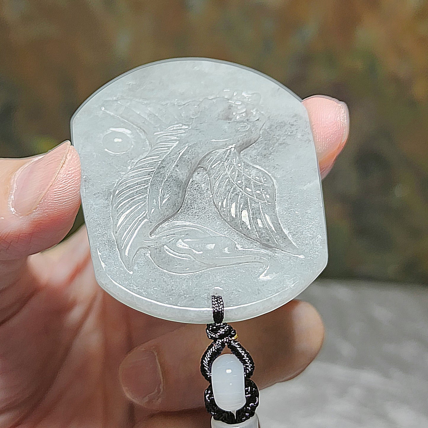 Type A Jadeite "Black Fowl" light blackish very light green Flying Eagle Jade pendant (with certificate) 翡翠乌鸡种淡黑微绿飞鹰吊坠(带证书)