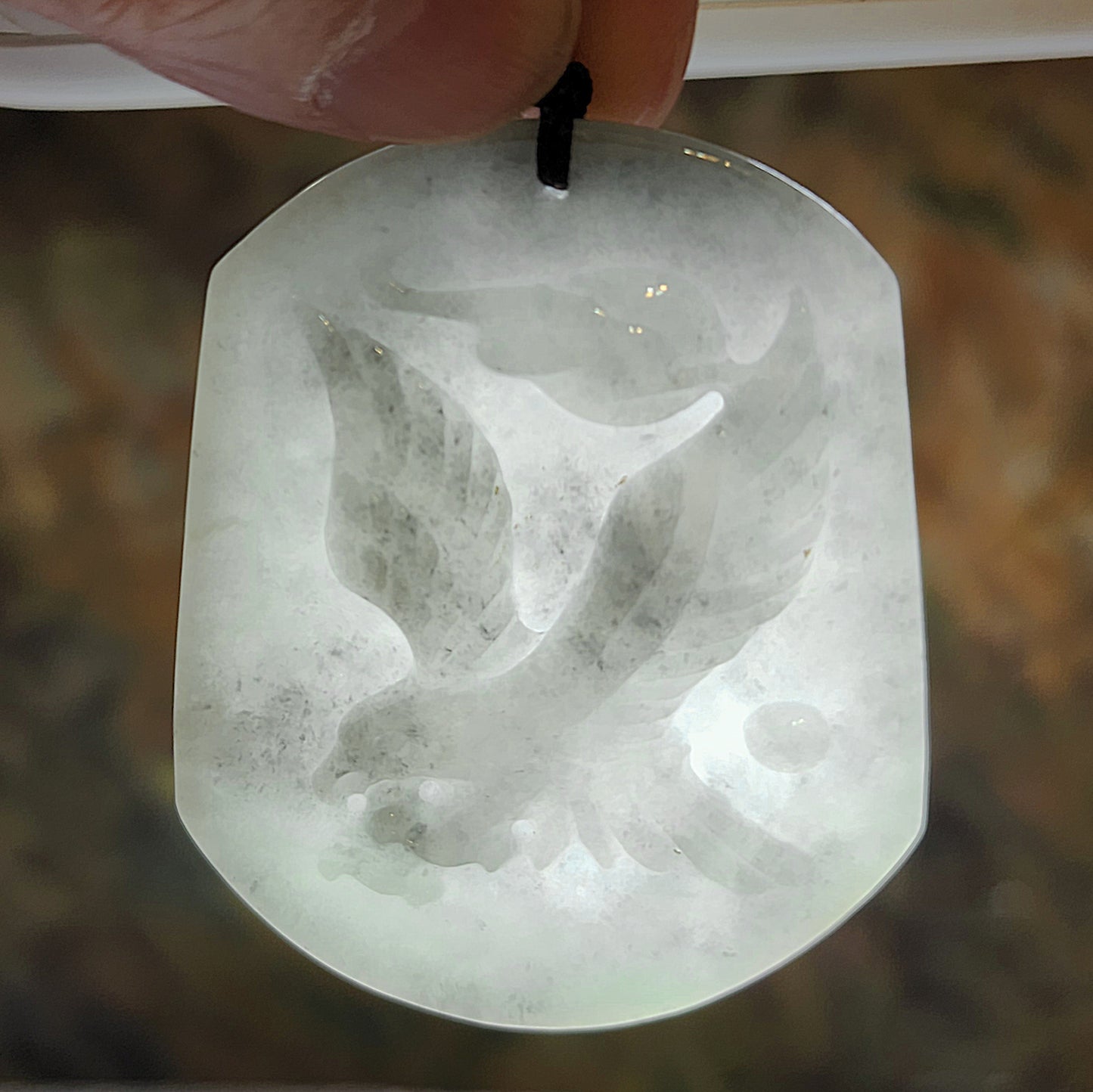 Type A Jadeite "Black Fowl" light blackish very light green Flying Eagle Jade pendant (with certificate) 翡翠乌鸡种淡黑微绿飞鹰吊坠(带证书)