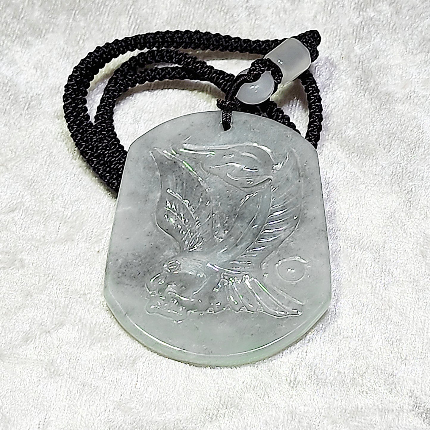 Type A Jadeite "Black Fowl" light blackish very light green Flying Eagle Jade pendant (with certificate) 翡翠乌鸡种淡黑微绿飞鹰吊坠(带证书)