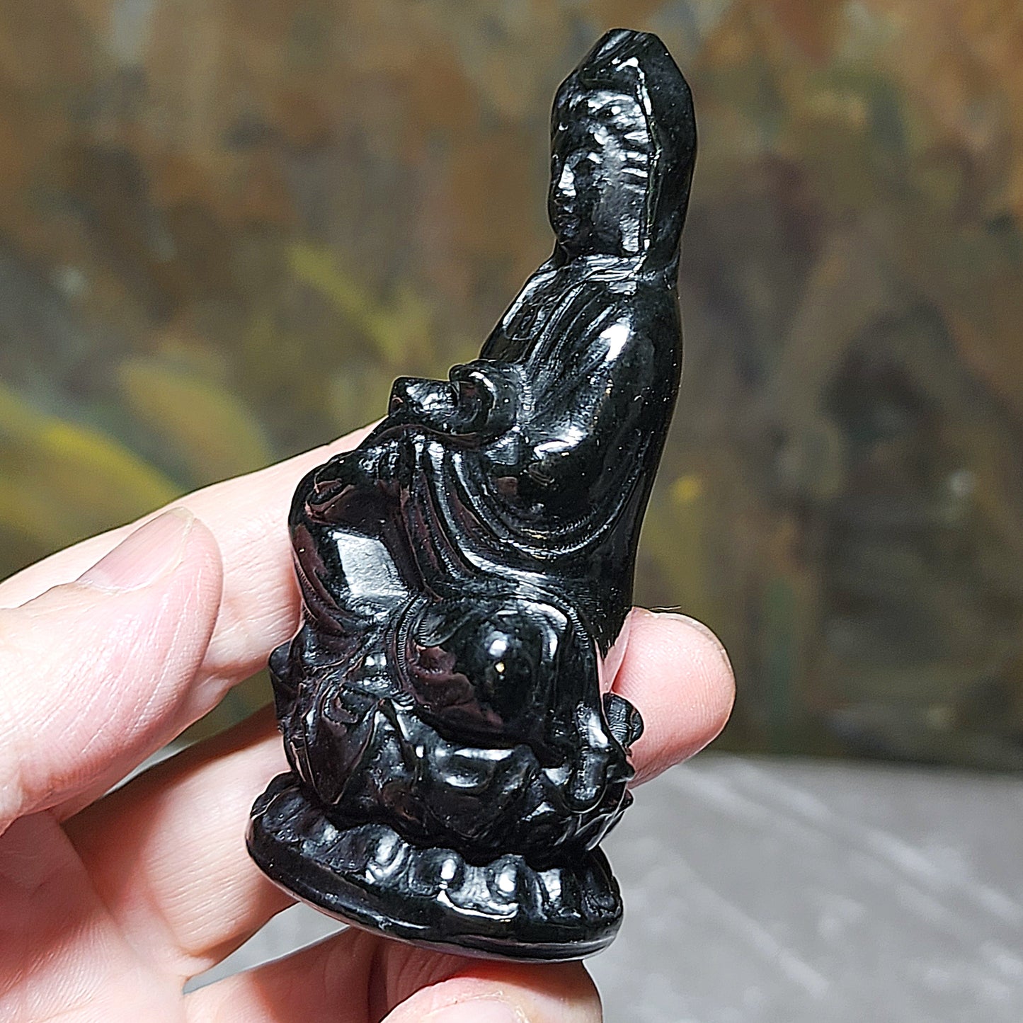 Premium Nephrite deep ink green 3 dimensional Ruyi Guan Yin statue home/office decor display (with certificate) 精品和田玉塔青立体如意观音小摆件(带证书)