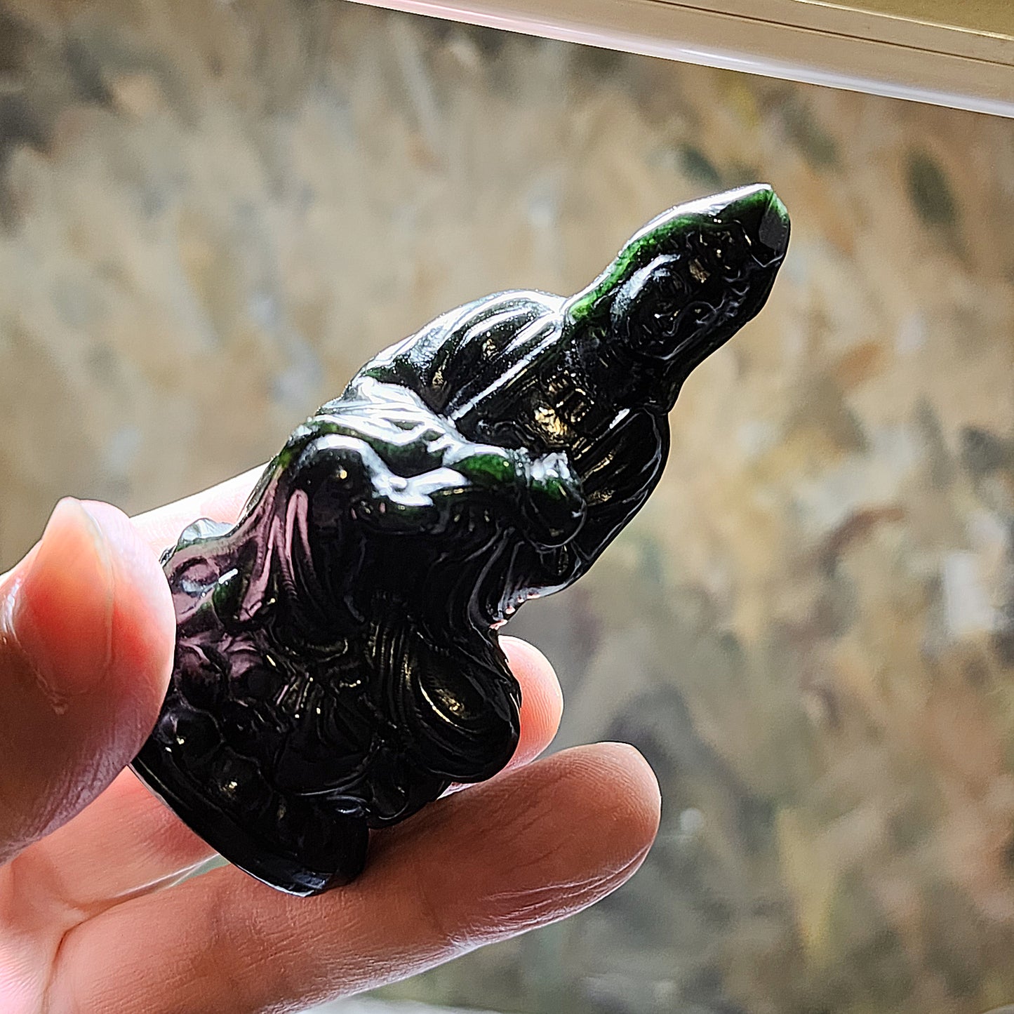Premium Nephrite deep ink green 3 dimensional Ruyi Guan Yin statue home/office decor display (with certificate) 精品和田玉塔青立体如意观音小摆件(带证书)