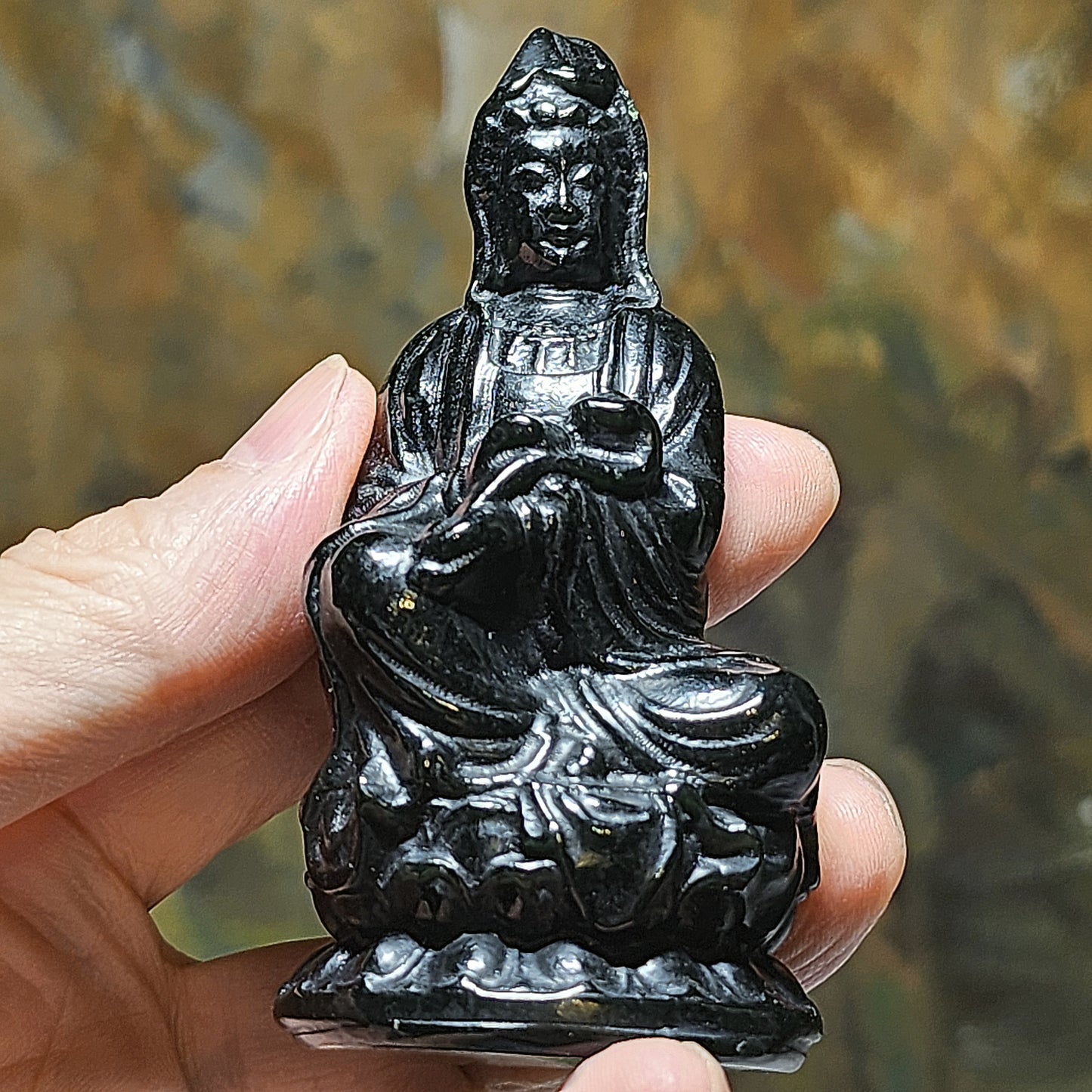 Premium Nephrite deep ink green 3 dimensional Ruyi Guan Yin statue home/office decor display (with certificate) 精品和田玉塔青立体如意观音小摆件(带证书)