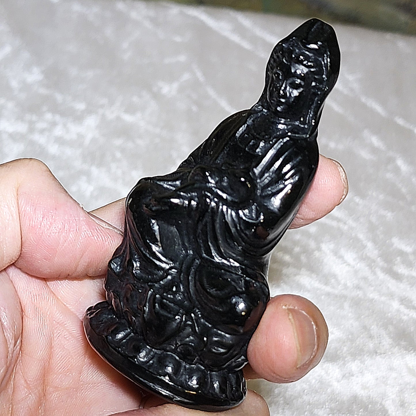 Premium Nephrite deep ink green 3 dimensional Ruyi Guan Yin statue home/office decor display (with certificate) 精品和田玉塔青立体如意观音小摆件(带证书)