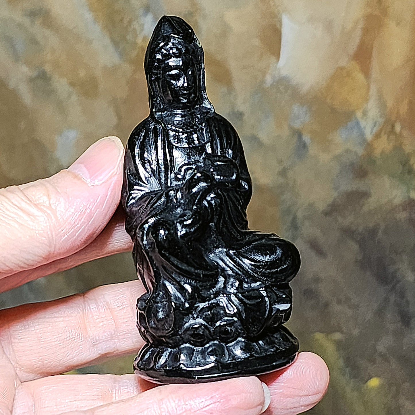 Premium Nephrite deep ink green 3 dimensional Ruyi Guan Yin statue home/office decor display (with certificate) 精品和田玉塔青立体如意观音小摆件(带证书)