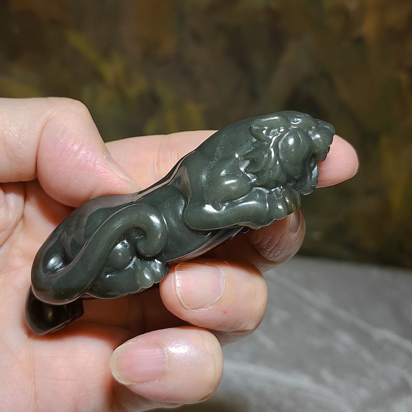 Premium Nephrite caramel brown green with blue hue 3 dimensional Mighty Tiger handheld (with certificate) 优质和田玉且末蓝糖青白立体猛虎手把(带证书)