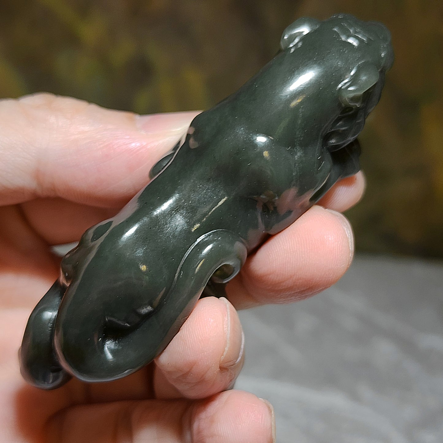 Premium Nephrite caramel brown green with blue hue 3 dimensional Mighty Tiger handheld (with certificate) 优质和田玉且末蓝糖青白立体猛虎手把(带证书)