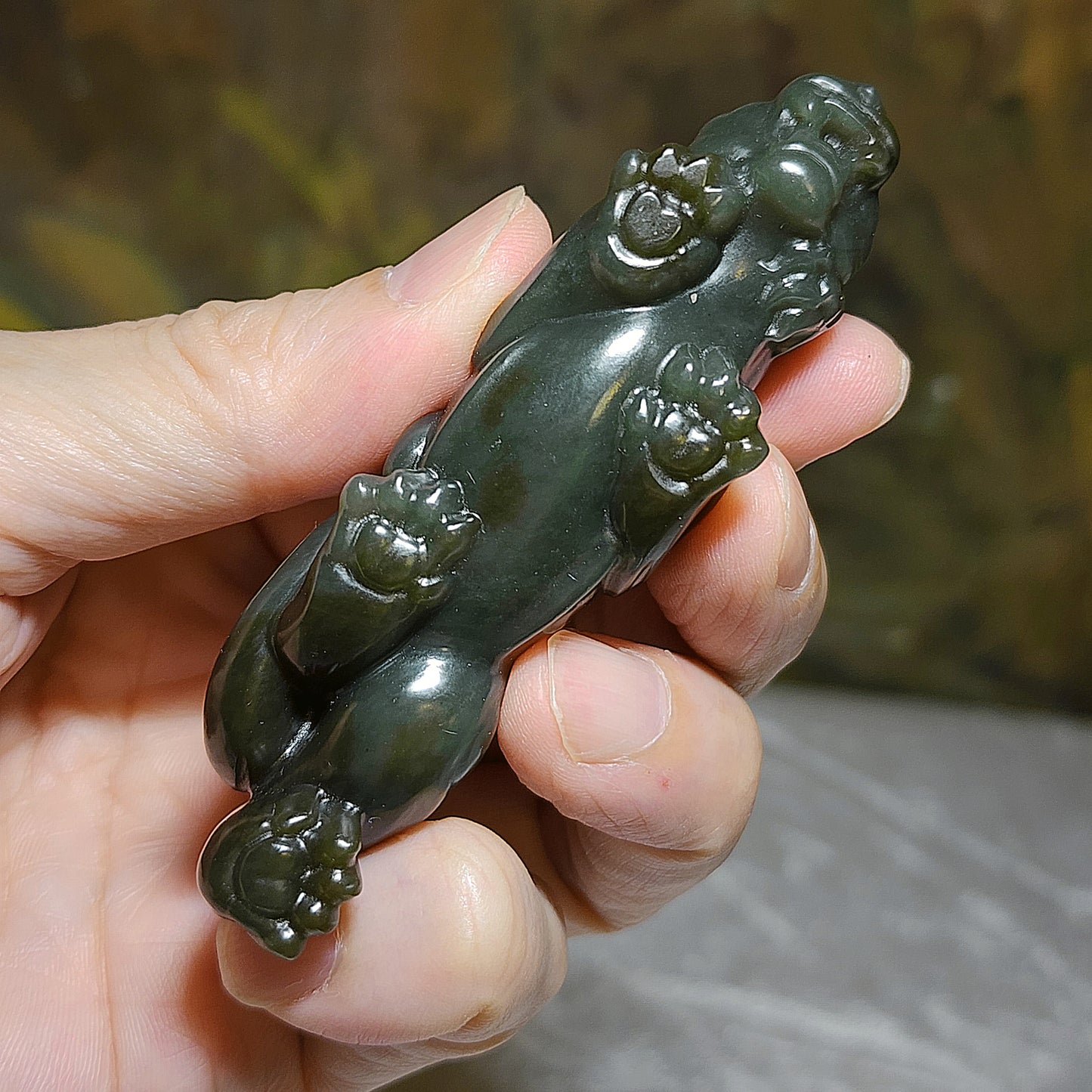 Premium Nephrite caramel brown green with blue hue 3 dimensional Mighty Tiger handheld (with certificate) 优质和田玉且末蓝糖青白立体猛虎手把(带证书)