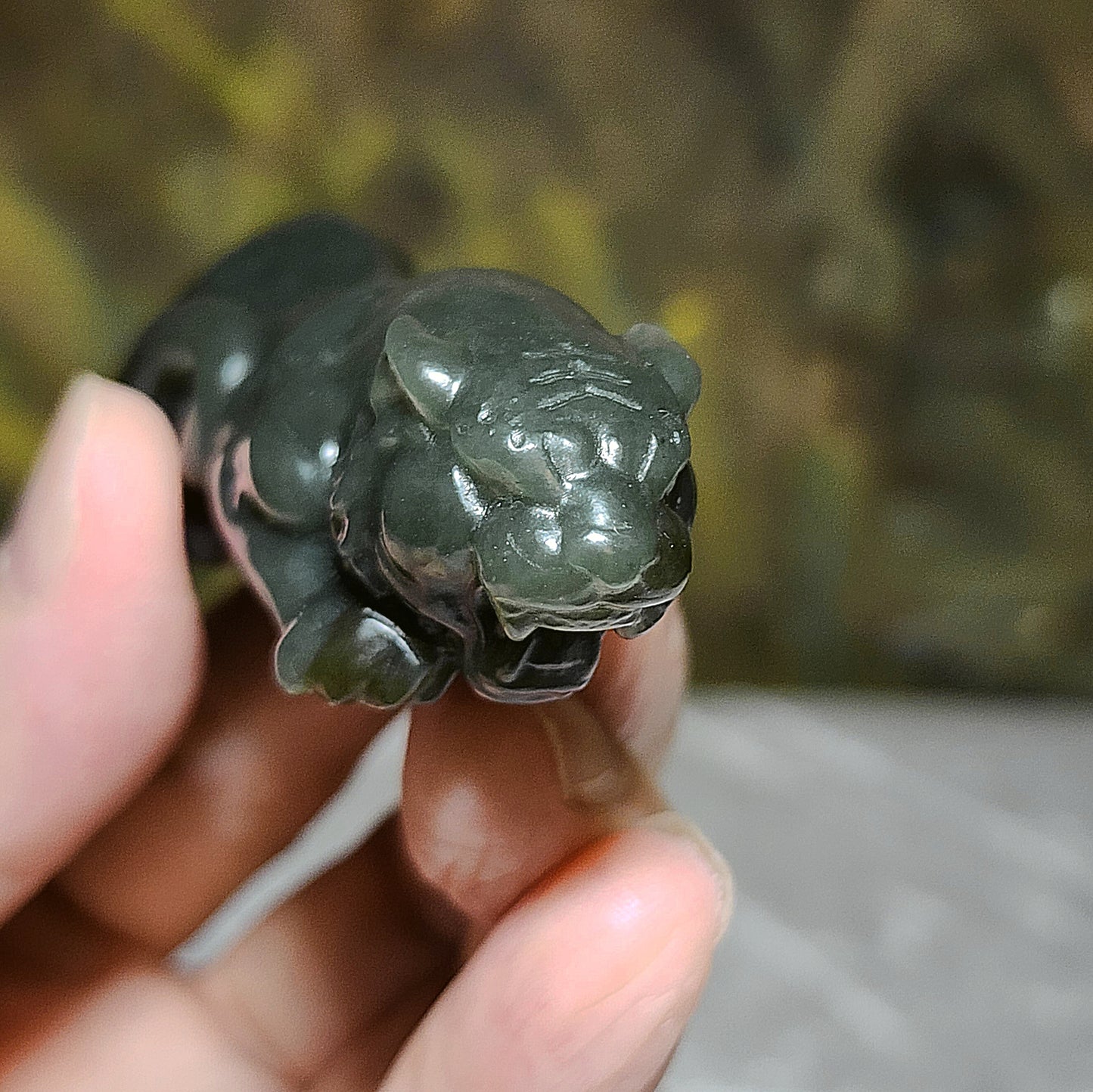 Premium Nephrite caramel brown green with blue hue 3 dimensional Mighty Tiger handheld (with certificate) 优质和田玉且末蓝糖青白立体猛虎手把(带证书)