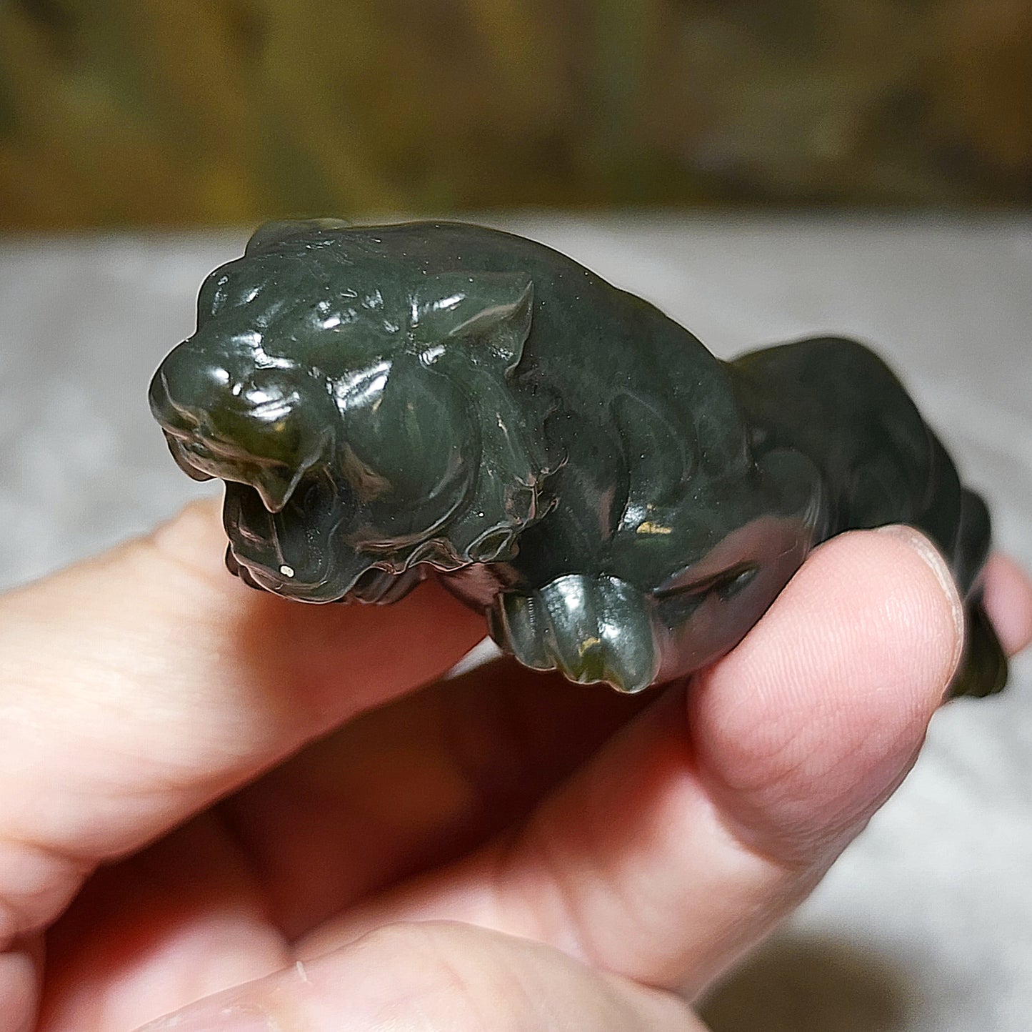Premium Nephrite caramel brown green with blue hue 3 dimensional Mighty Tiger handheld (with certificate) 优质和田玉且末蓝糖青白立体猛虎手把(带证书)