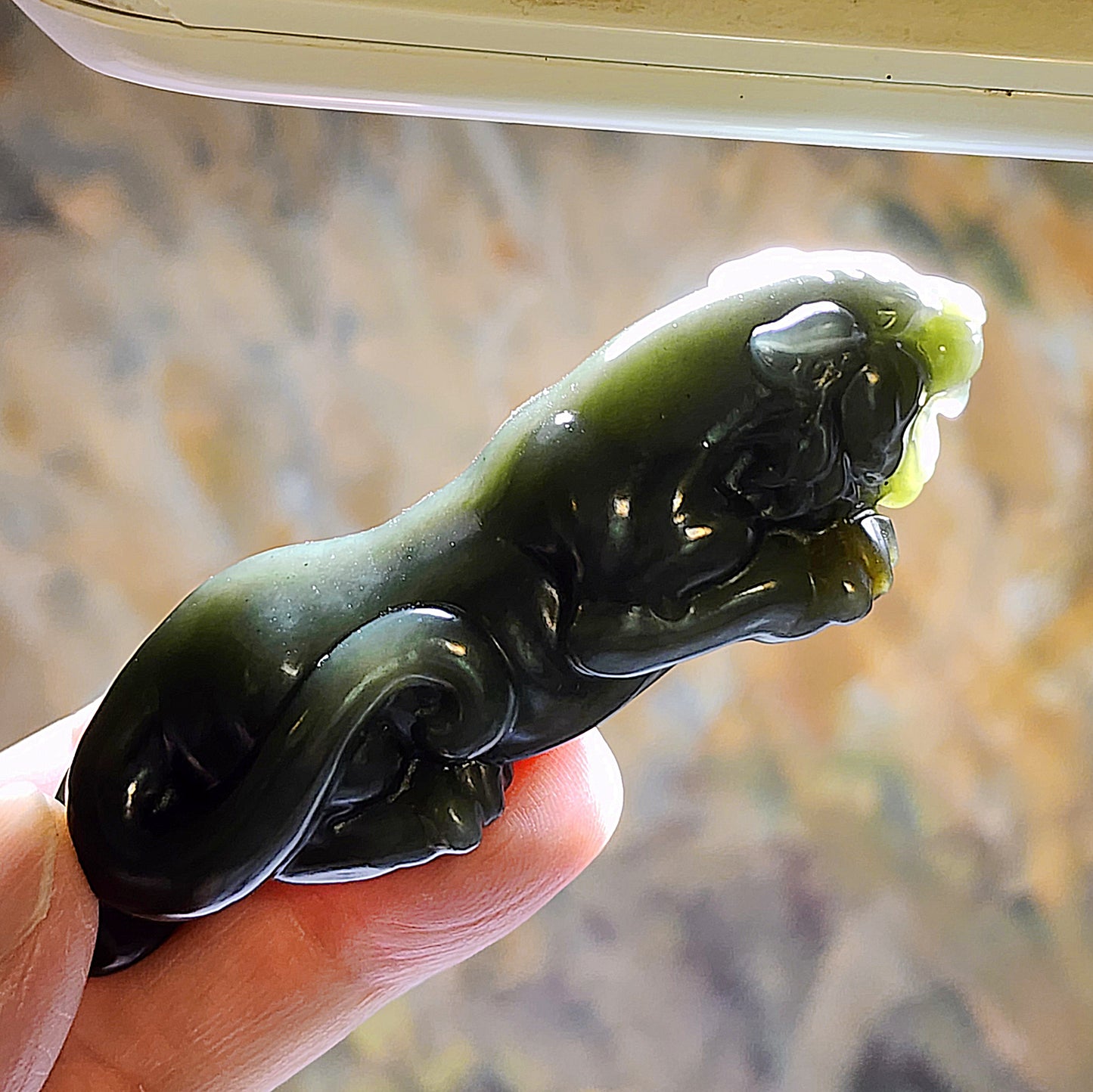 Premium Nephrite caramel brown green with blue hue 3 dimensional Mighty Tiger handheld (with certificate) 优质和田玉且末蓝糖青白立体猛虎手把(带证书)