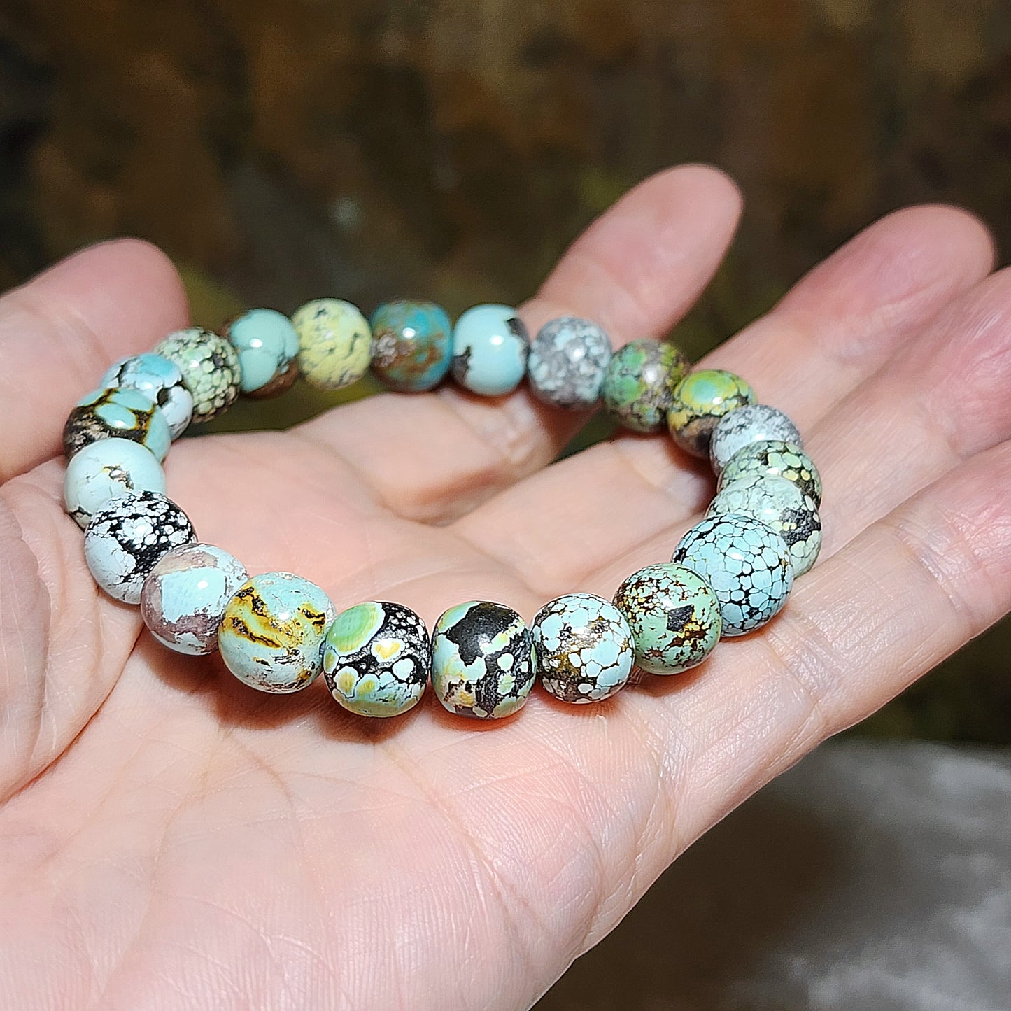10mm+ Natural untreated Hubei Turquoise tangsancai traditional old style beads bracelet 天然原矿湖北松石唐三彩老型珠手链