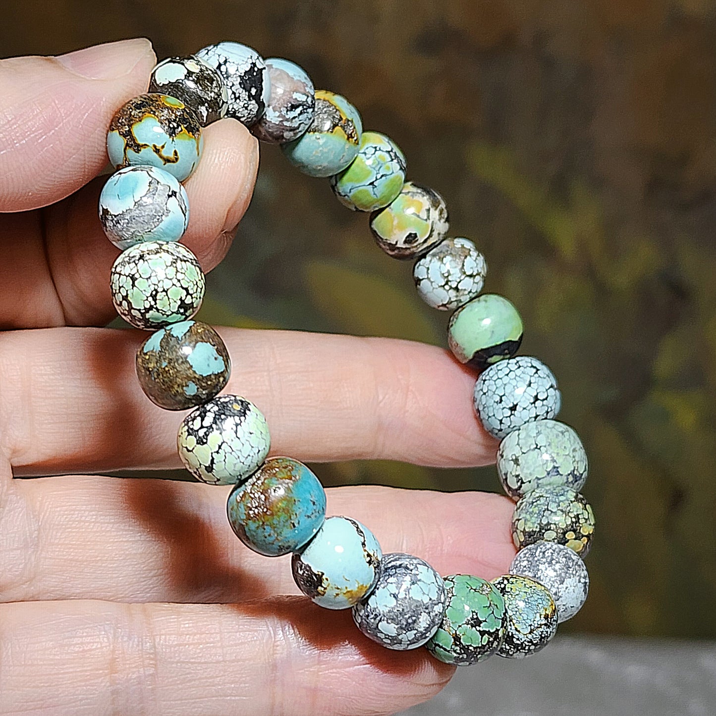 10mm+ Natural untreated Hubei Turquoise tangsancai traditional old style beads bracelet 天然原矿湖北松石唐三彩老型珠手链