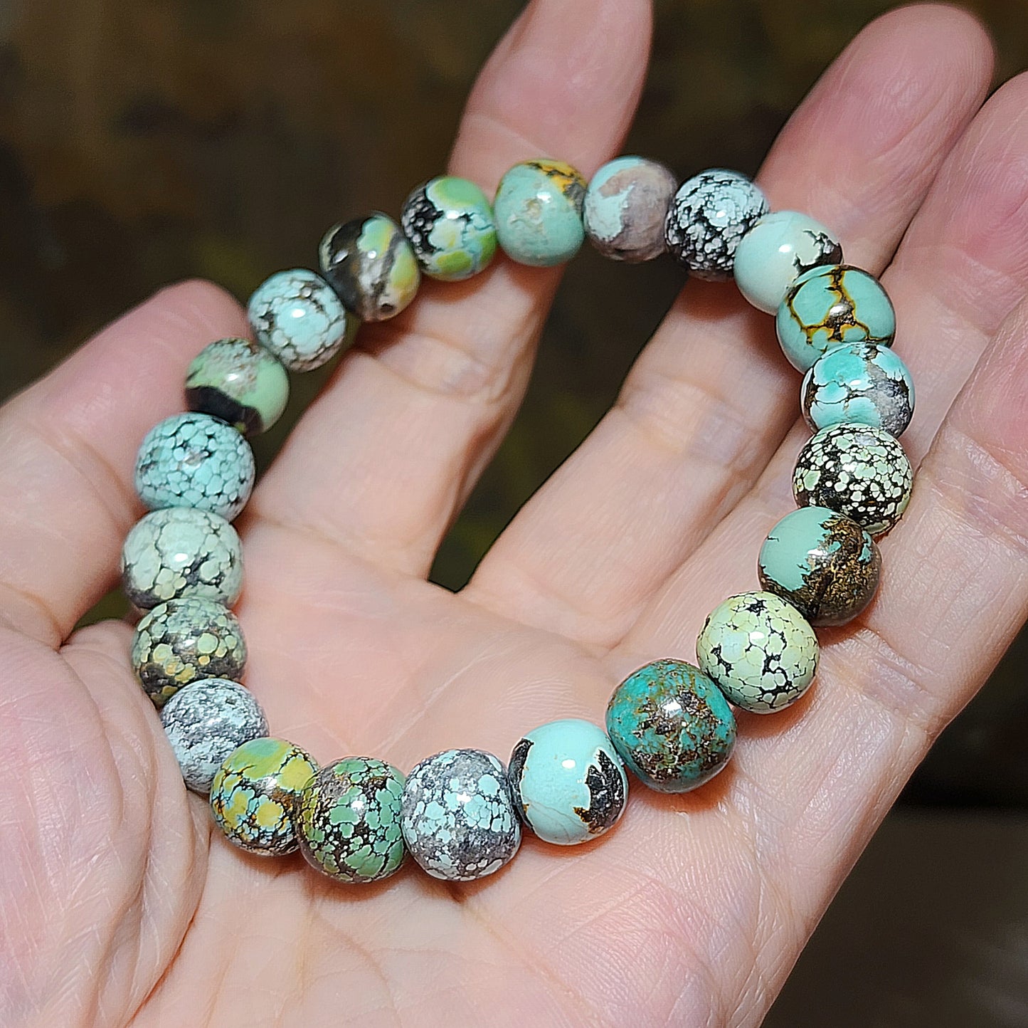 10mm+ Natural untreated Hubei Turquoise tangsancai traditional old style beads bracelet 天然原矿湖北松石唐三彩老型珠手链