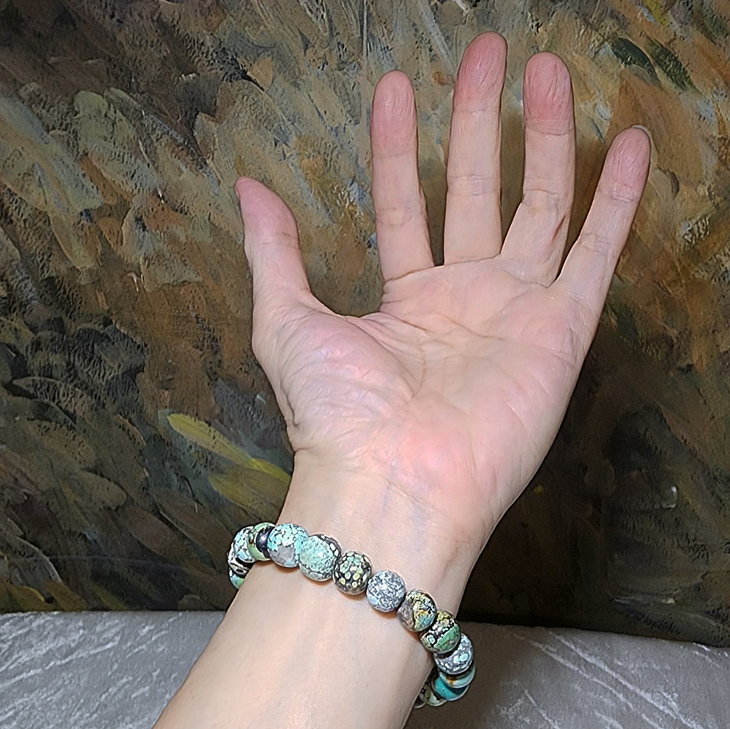 10mm+ Natural untreated Hubei Turquoise tangsancai traditional old style beads bracelet 天然原矿湖北松石唐三彩老型珠手链