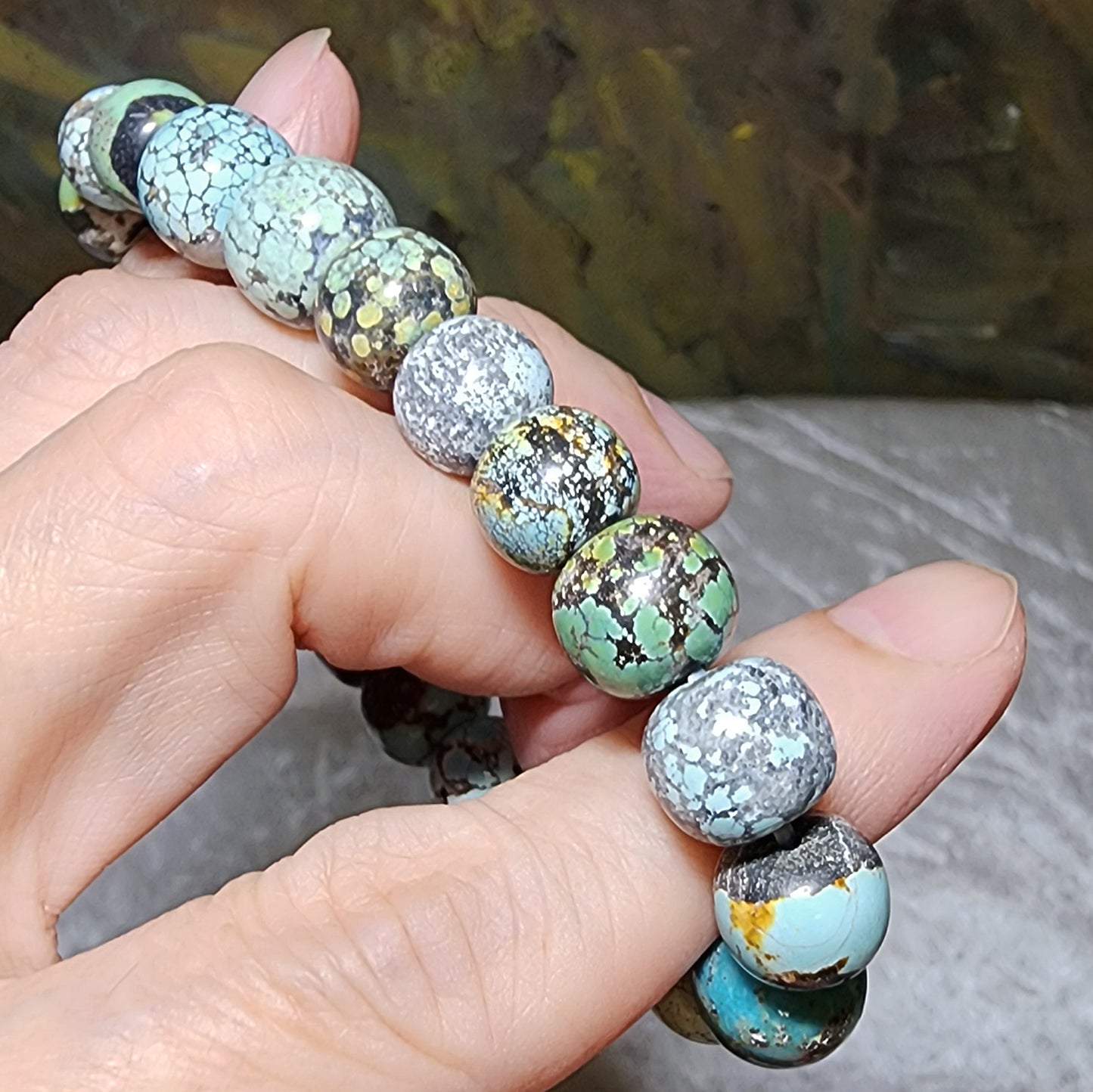 10mm+ Natural untreated Hubei Turquoise tangsancai traditional old style beads bracelet 天然原矿湖北松石唐三彩老型珠手链