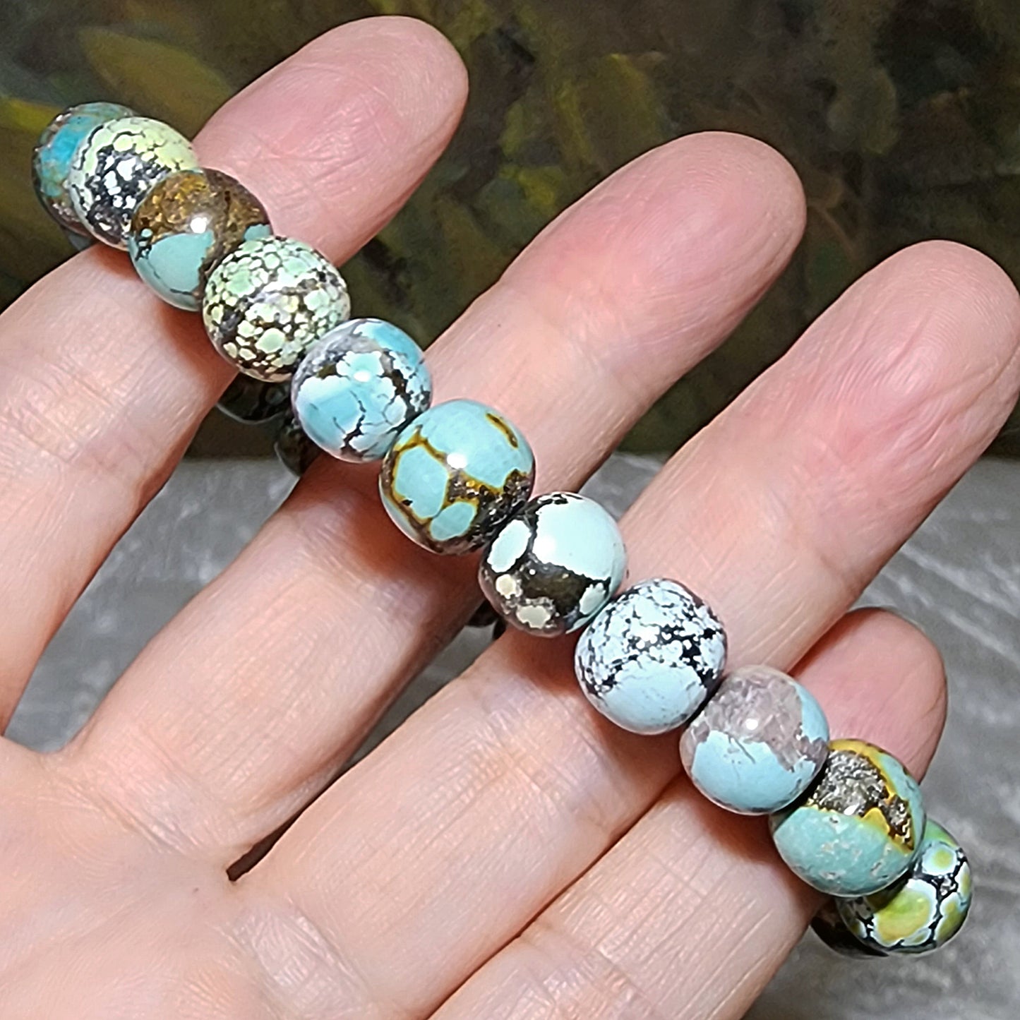 10mm+ Natural untreated Hubei Turquoise tangsancai traditional old style beads bracelet 天然原矿湖北松石唐三彩老型珠手链