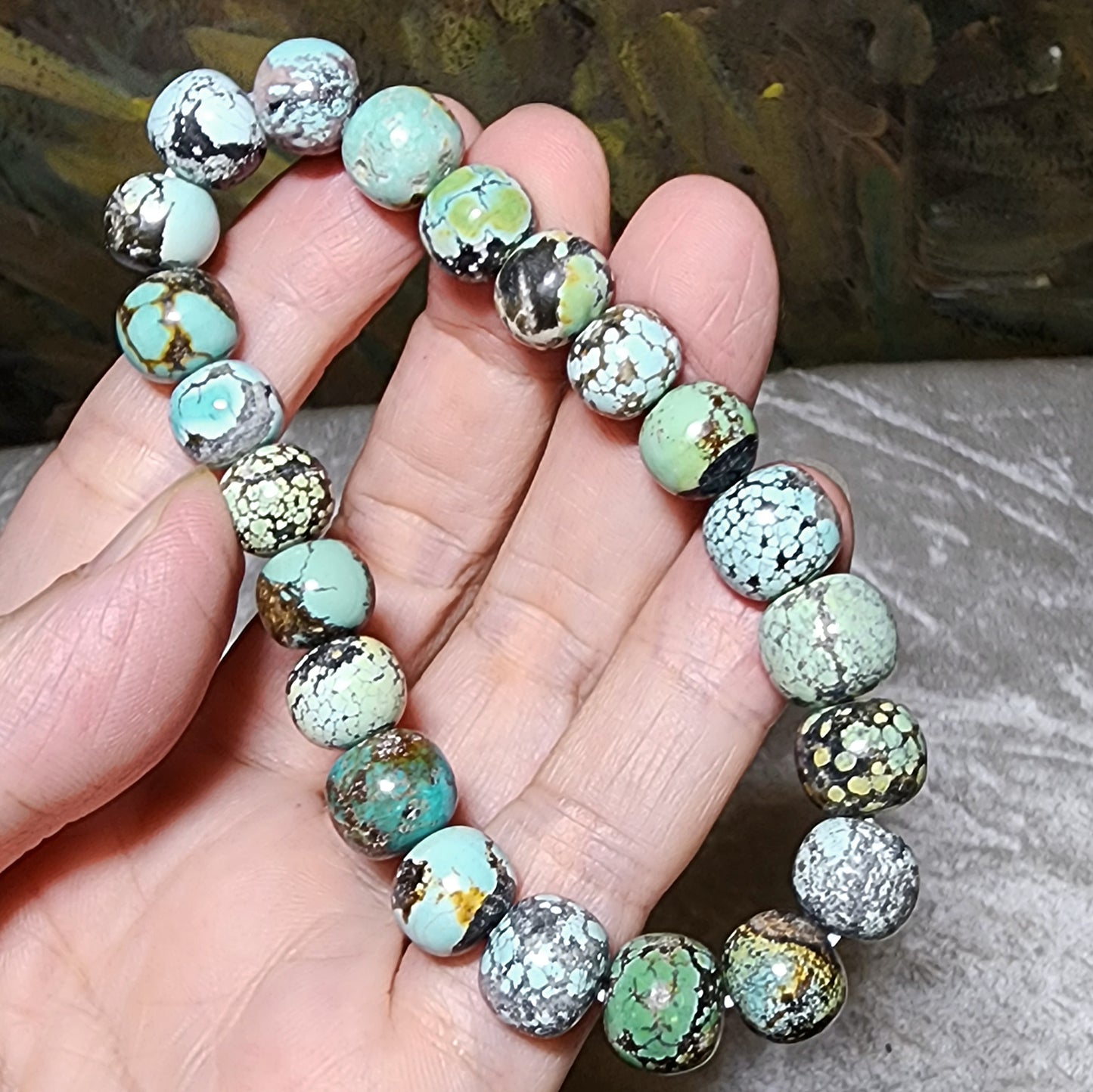 10mm+ Natural untreated Hubei Turquoise tangsancai traditional old style beads bracelet 天然原矿湖北松石唐三彩老型珠手链