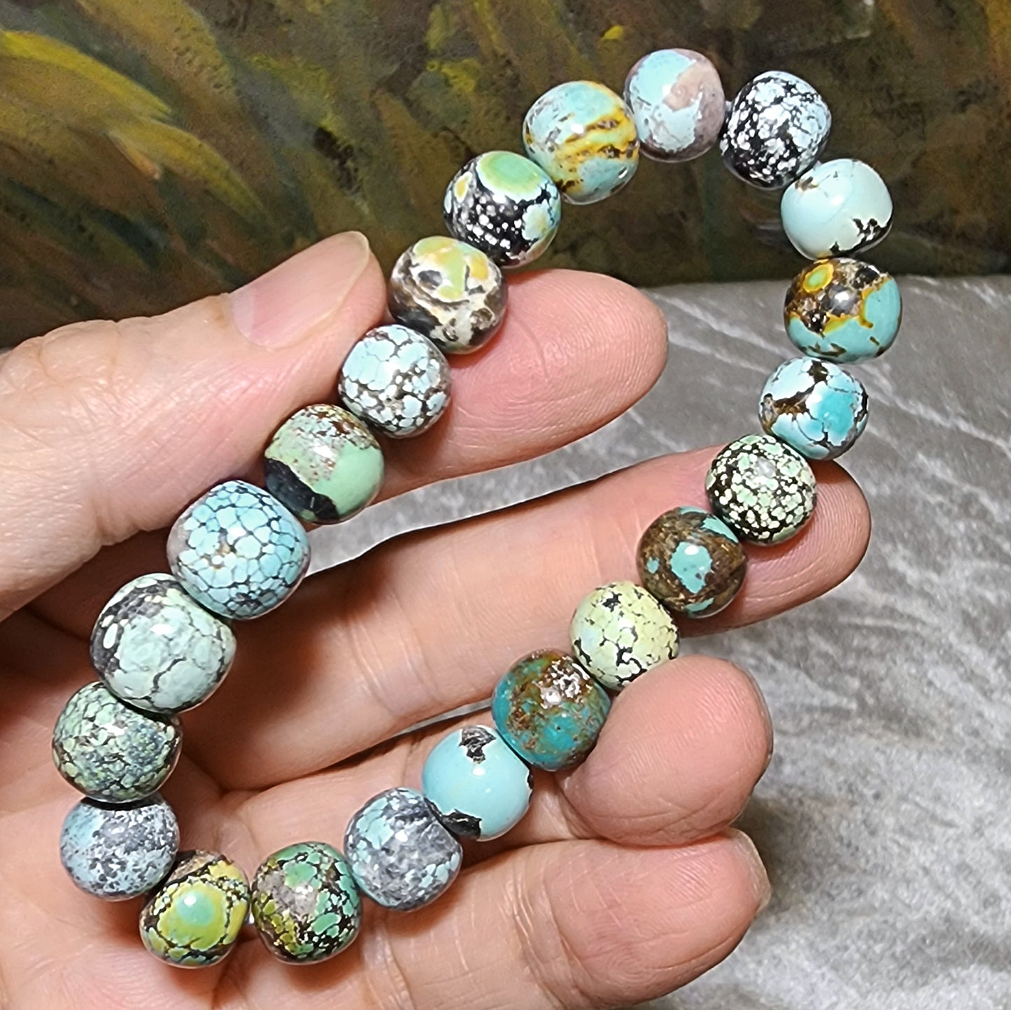 10mm+ Natural untreated Hubei Turquoise tangsancai traditional old style beads bracelet 天然原矿湖北松石唐三彩老型珠手链