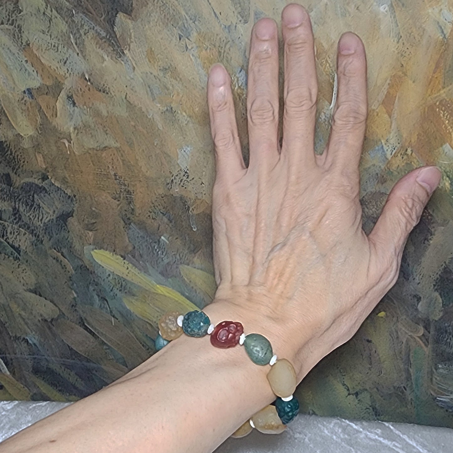 40.8 grams Premium raw Gobi Desert Agate & Tagua (Ivory-Fruit) bracelet 精品天然戈壁沙漠玛瑙原石配象牙果隔片手链