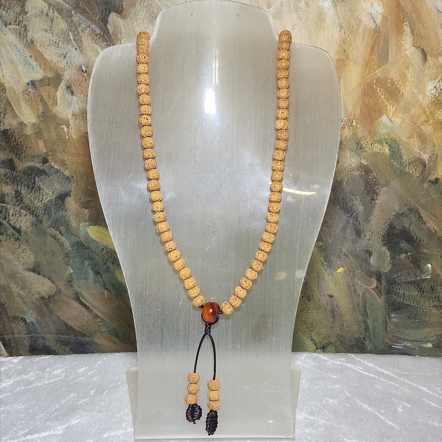 8.8mm 6 Mukhi (Faces) high density high oil content"Panlong (Coiling Dragons") Rudraksha 108 mala beads/necklace with a 14mm The Warring States Sardonyx Lu Lu Tong 8.8毫米高油铁籽六瓣盘龙小金刚菩提108念珠/项链配14毫米战国红路路通